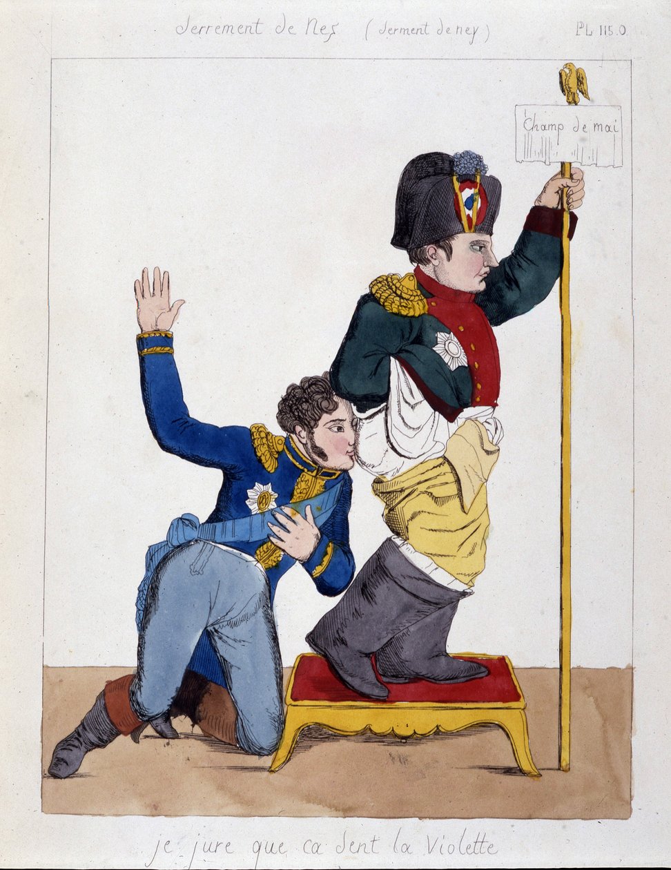 Marechal Michel Ney (1769-1815) wąchający tyłek Napoleona 1: „Przysięgam, że pachnie jak fiołek””, sd v.1810. autorstwa French School