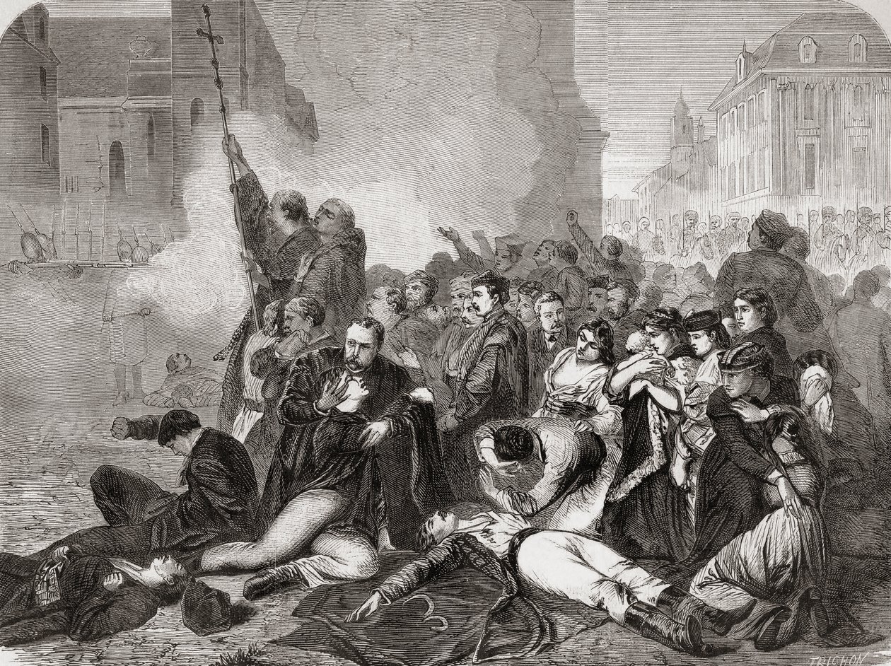 Masakra ludności cywilnej na Placu Zamkowym w Warszawie 8 kwietnia 1861 przez piechotę i kawalerię rosyjską, z "L"Univers Illustré", 1866 autorstwa French School