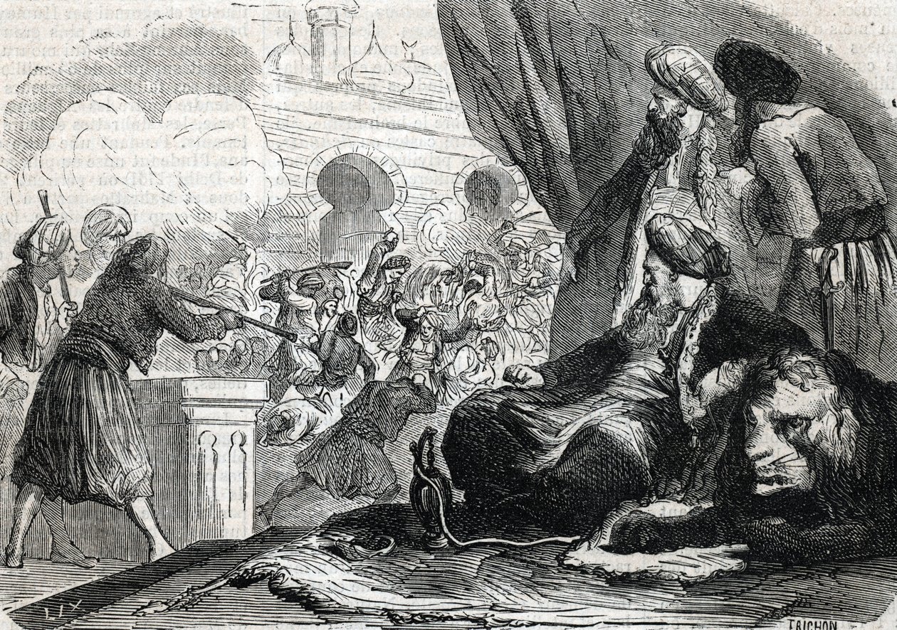 „Masakra armii janczarów w 1826 r. przez sułtana Mahmuda II, Konstantynopol” (rycina) 1864 autorstwa French School