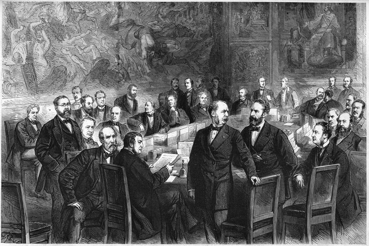 Członkowie „Commission des Trento” (komitetu francuskiego Zgromadzenia Narodowego przy III RP odpowiedzialnego za składanie propozycji konstytucyjnych): Jules Armand (Jules-Armand) Dufaure, Felix de Tarteron, Louis Grivart, Lucien Brun, Edouard Lef autorstwa French School