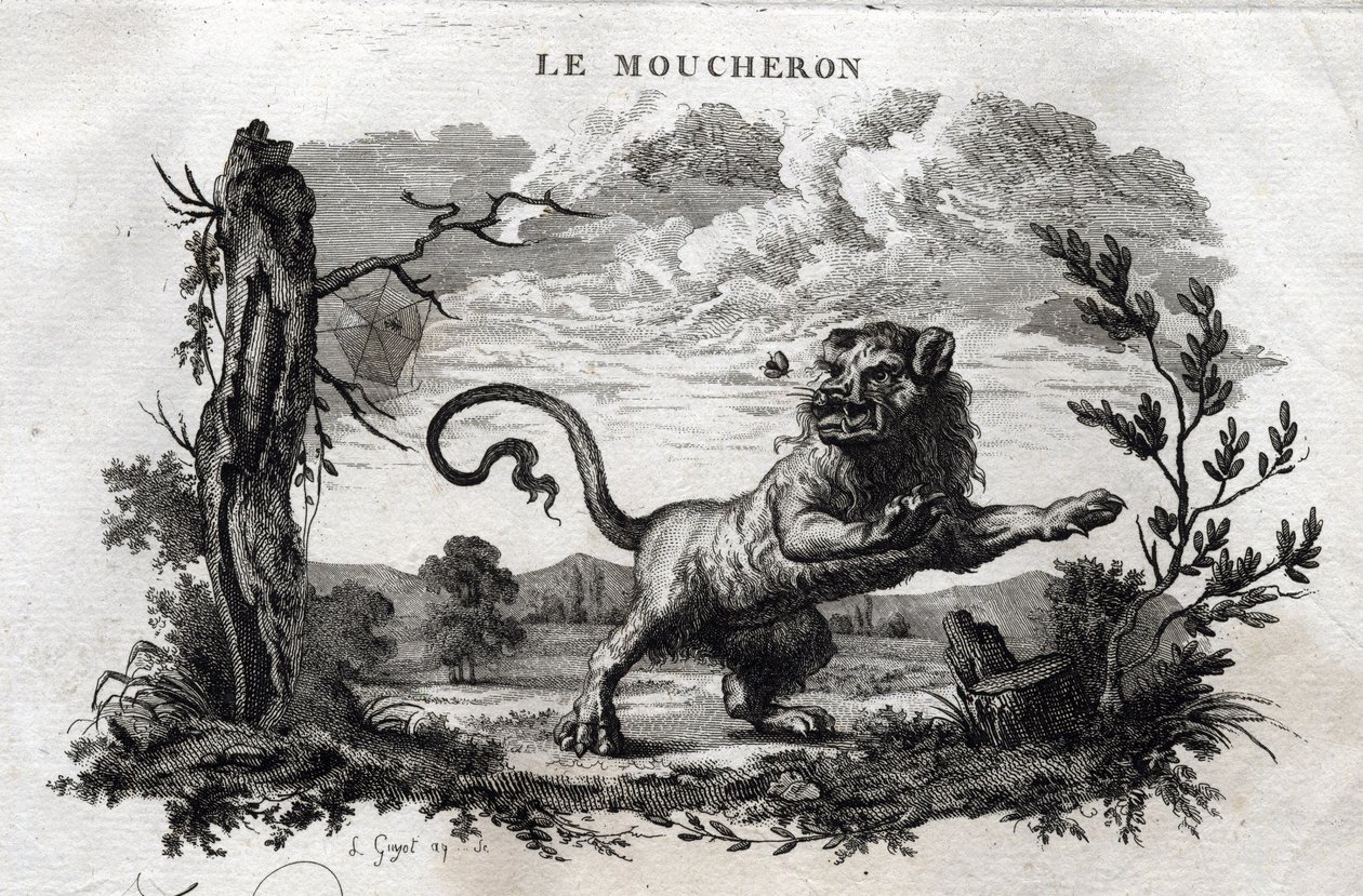 Muszki. Bajka o Esope. (Grecki pisarz Esopo lub Ecopus, VI wpne) Napisane przez Guillaume Montfort i Gravees przez Beauble w 1801 roku. autorstwa French School