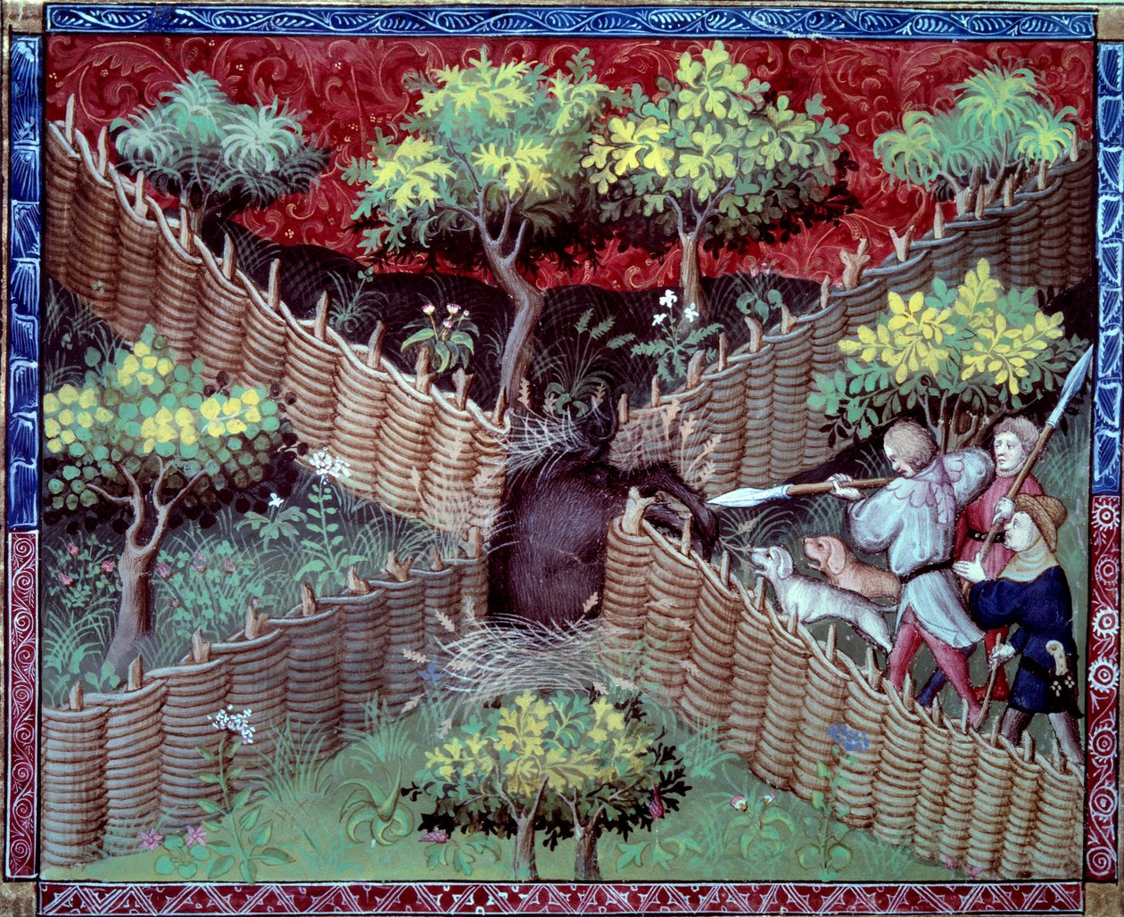 Miniaturowe polowanie na dzika zaczerpnięte z „Księgi łowów” Gastona III Phoebusa, hrabiego Foix, Lorda Bearn (1331-1391) autorstwa French School