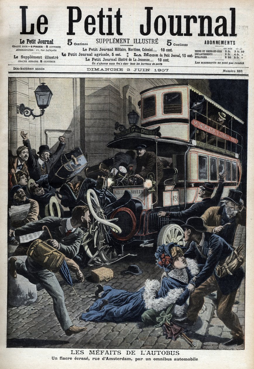 Kłopoty autobusu: fiakra zmiażdżona przez autobus na paryskiej ulicy Amsterdamu „Dziennik Le Petit”, czerwiec 1907 (rycina) autorstwa French School
