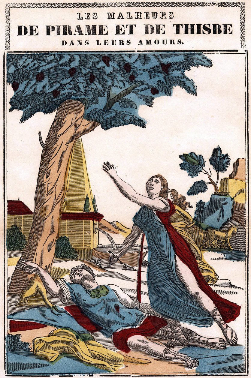 Nieszczęścia w ich miłości Pyramus (Pirame) i Thisbe, opowiedziane przez Owidiusza w „Metamorfozach”. Obraz Epinal autorstwa French School