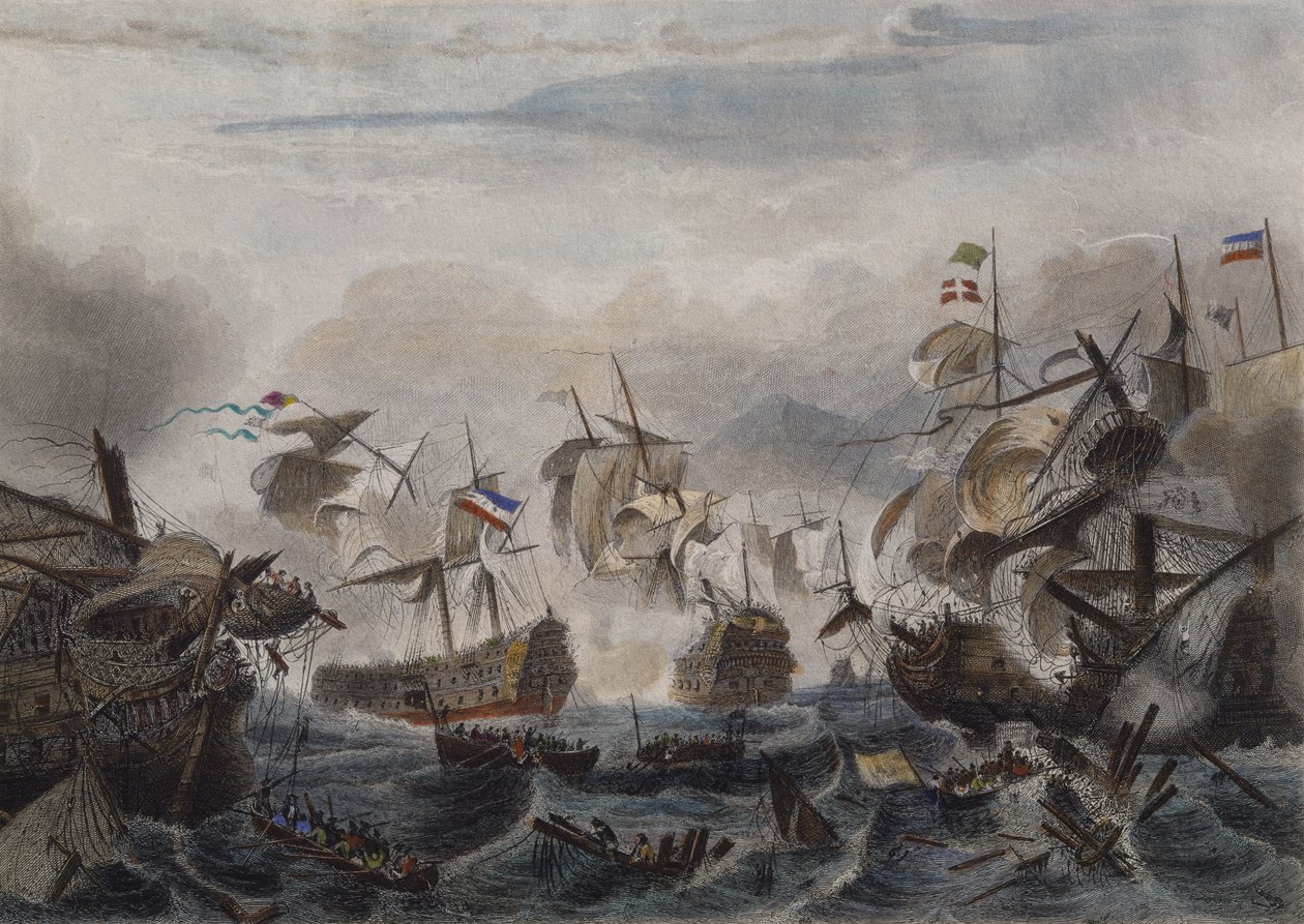 Bitwa morska pod Cape La Hogue w 1692 r., grawerowana przez Chavanne (kolorowa akwaforta) autorstwa French School