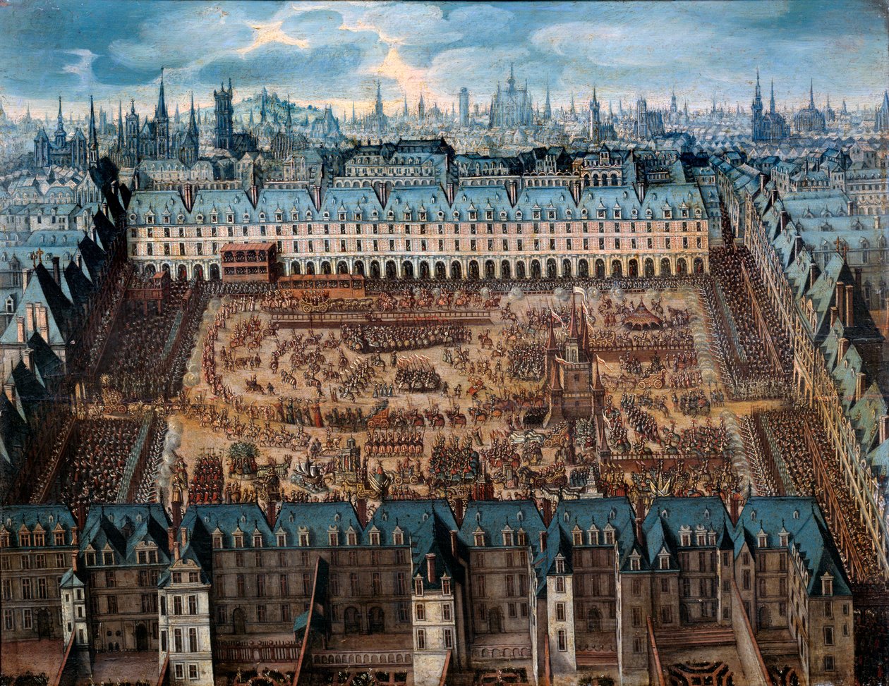 Powieść o rycerzach chwały czyli Wielka karuzela na królewskim placu w kwietniu 1612 z okazji ślubu Ludwika XIII (1601-1643) i Anny Austriaczki - Malarstwo Anonimowe. 1612 olej na drewnie, niedz. 0,41x0,52 m Paryż, Musee Carnavalet - Grand Caro autorstwa French School