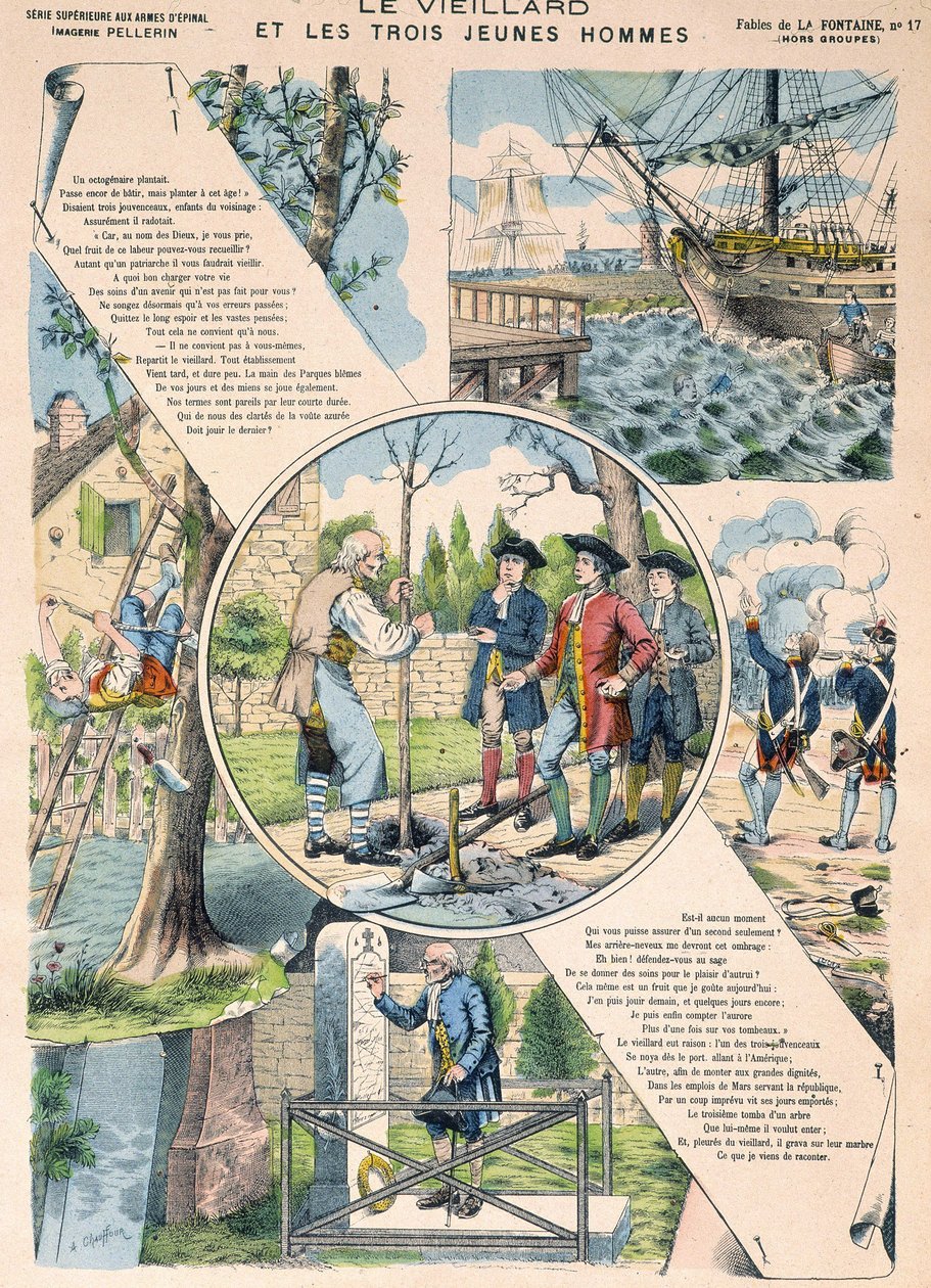 Starzec i trzej młodzi mężczyźni - Fables de La Fontaine na obrazach Epinal autorstwa French School