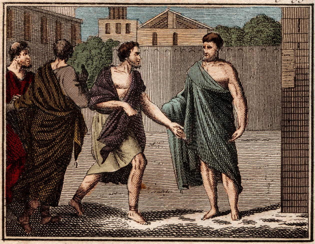 Ostracyzm Arystydesa Sprawiedliwego (ok. 530–468 p.n.e.), starożytnego greckiego (ateńskiego) żołnierza i męża stanu. autorstwa French School