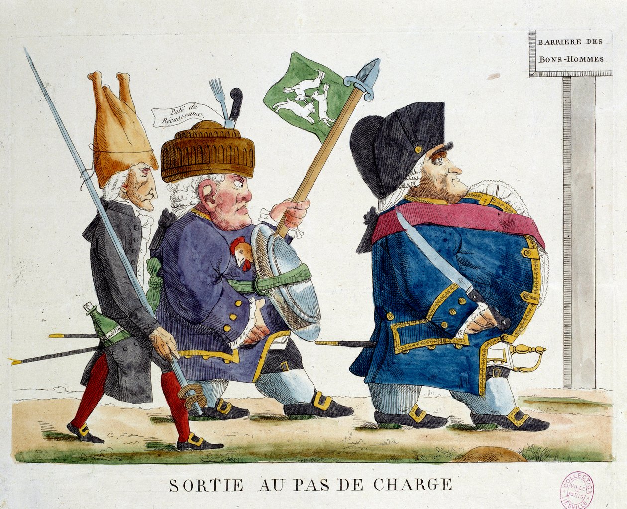 Wyjście na etapie ładowania. Karykatura przedstawiająca mężczyzn przekraczających barierę dobrych ludzi w ramach Restauracji (1823). Rycina z 1823 r. Paryż, Musee Carnavalet autorstwa French School