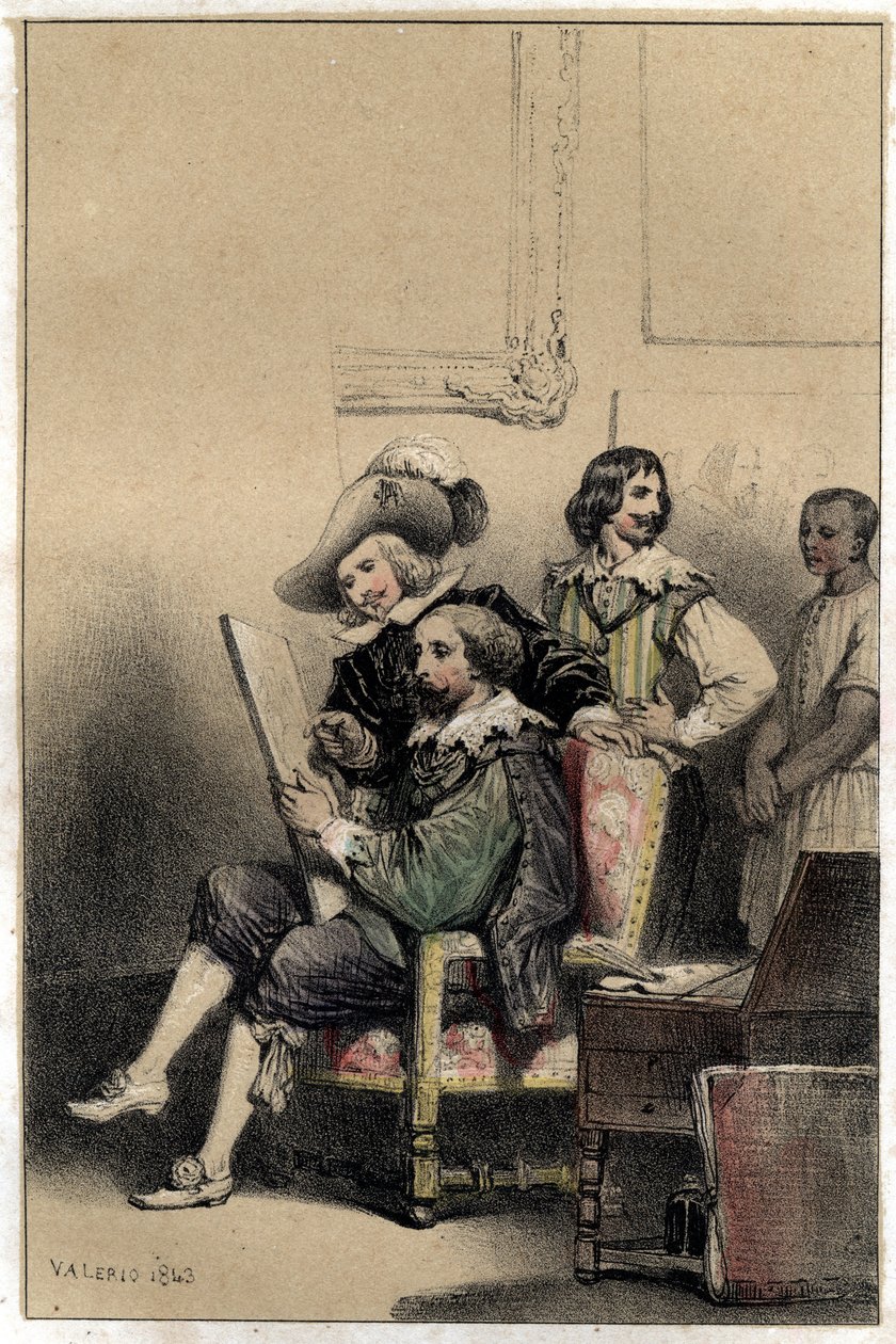 Malarz Diego Velasquez (1599-1660) witający w swojej pracowni Pierre Paul (Pierre-Paul) Rubens (lub Peter Paul lub Petrus Paulus) (1577-1640). Talerz zaczerpnięty z graweru „”Sceny de la vie des hommes słynne””” w dwóch odcieniach autorstwa Valerio. 1843. autorstwa French School