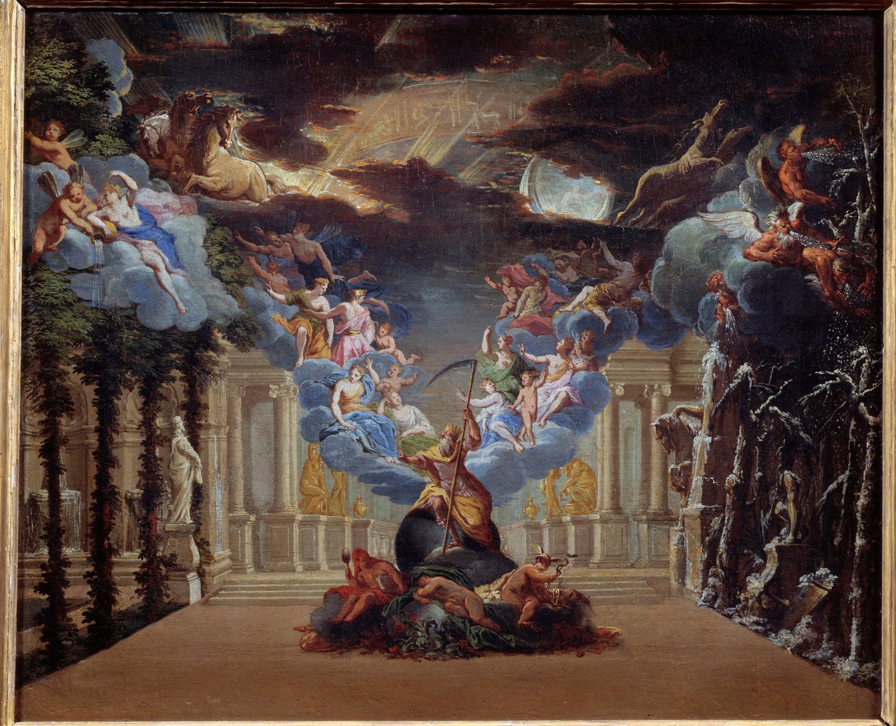 Pałac czasu, wystrój prologu „Atys” autorstwa Jeana Baptiste Lully (Giovanni Battista Lulli) (1632-1687) stworzony w 1676 r. Reprezentowane są postacie mihologiczne, takie jak Merkury, Hermes. Anonimowy obraz Szkoły Francuskiej z XVII wieku. Paryż autorstwa French School