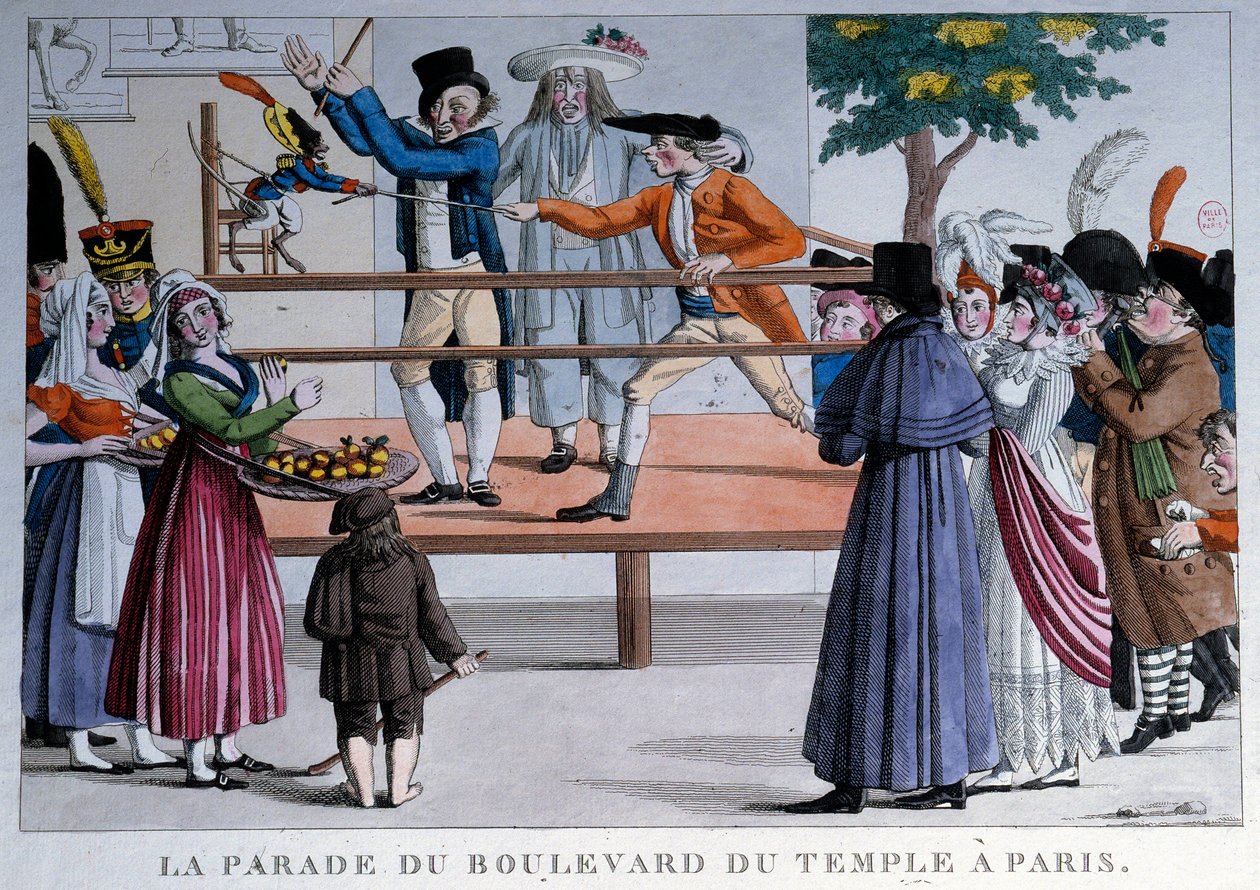 Parada boulevard du temple w Paryżu. Anonimowa litografia autorstwa French School