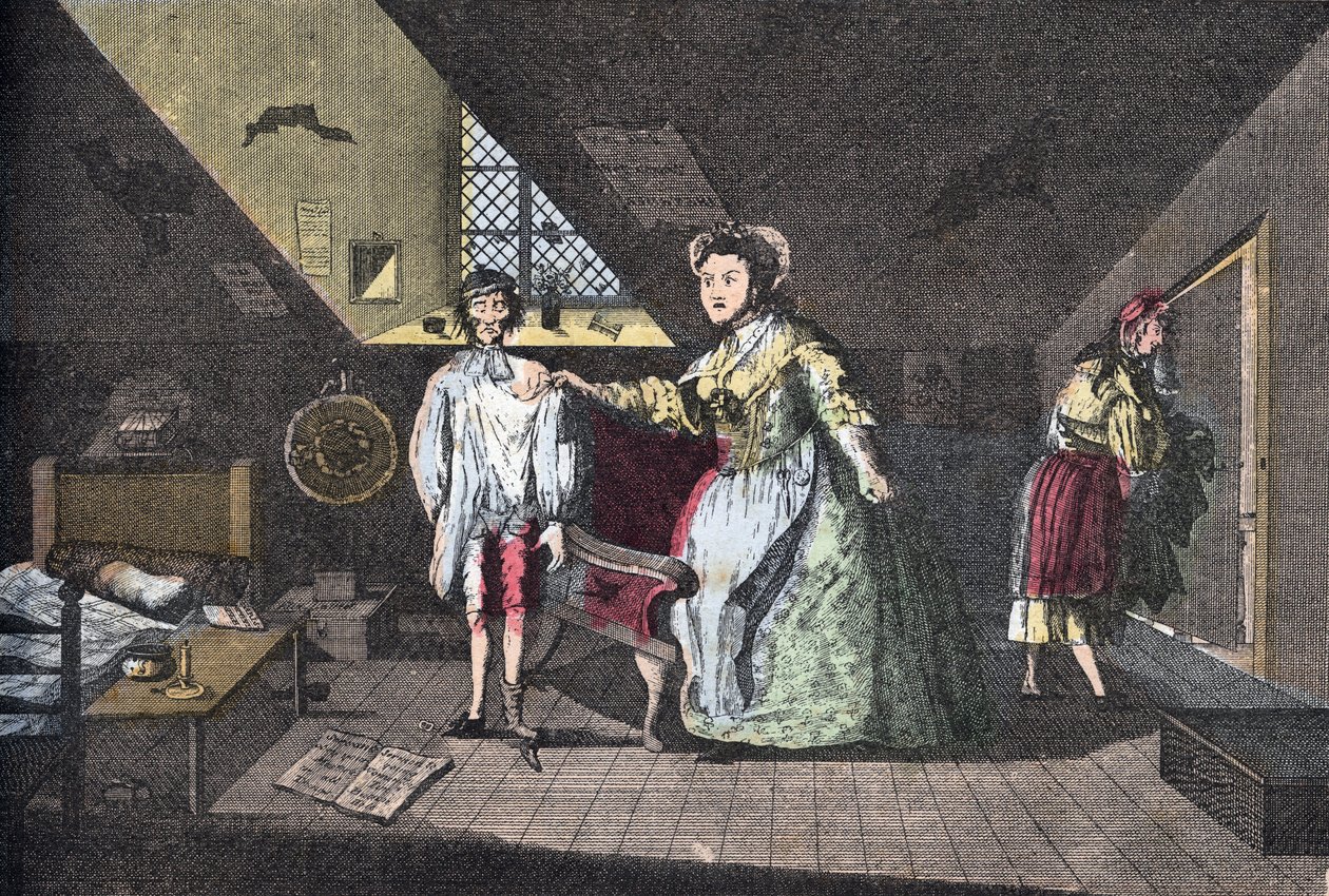 Pobożny krawiec przyłapany na cudzołóstwie. Grawerowanie kapusty z 1768 roku w „Lire Et Galanterie”. Tygodniowy zbiór obrazów Galantes w reżyserii Johna Grand-Cartereta. 1903-1904. autorstwa French School