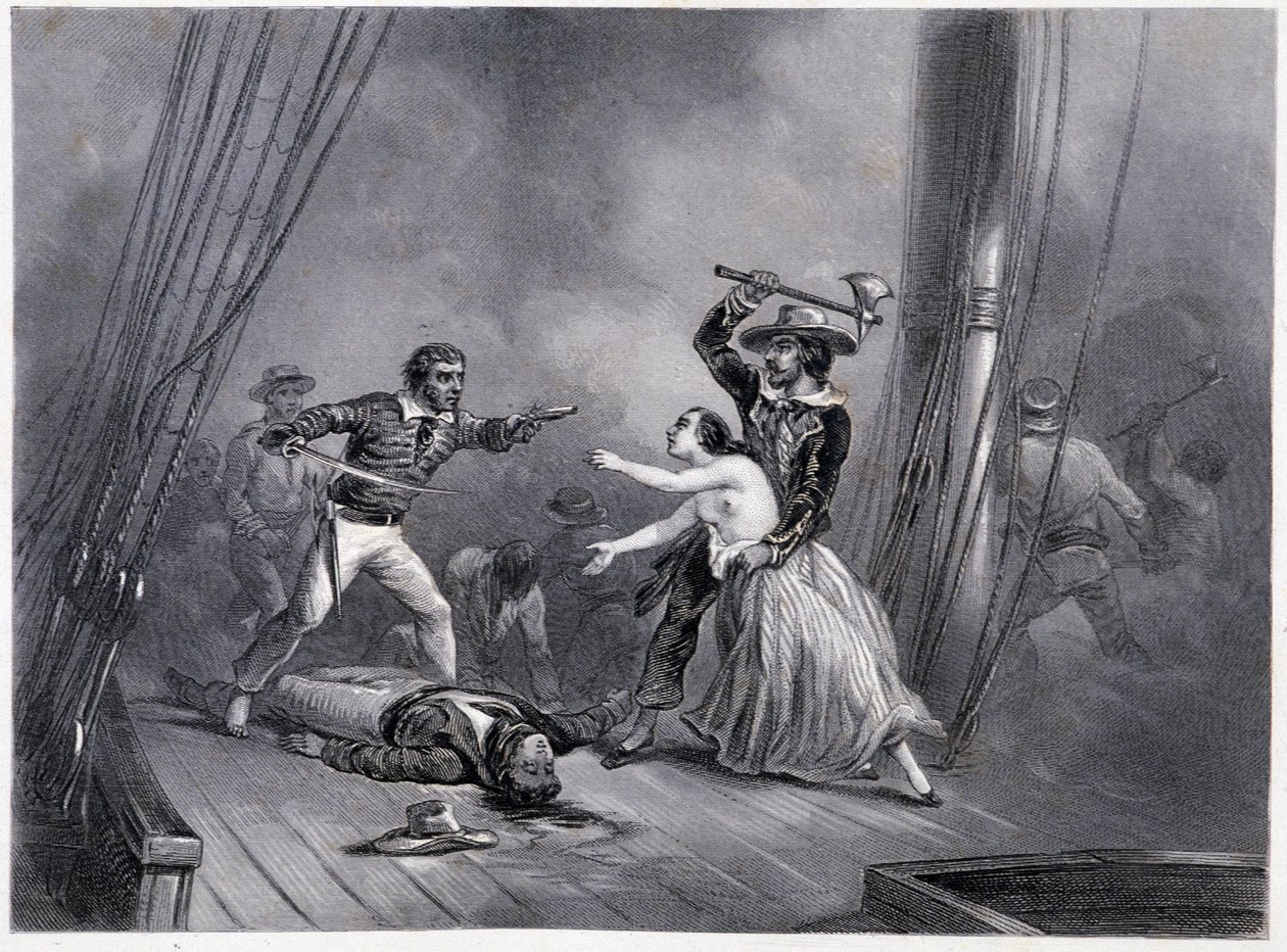 Pirat Morgan porywa piękną Hiszpankę - w "General History of the Navy" braci E i V Penaudów autorstwa French School