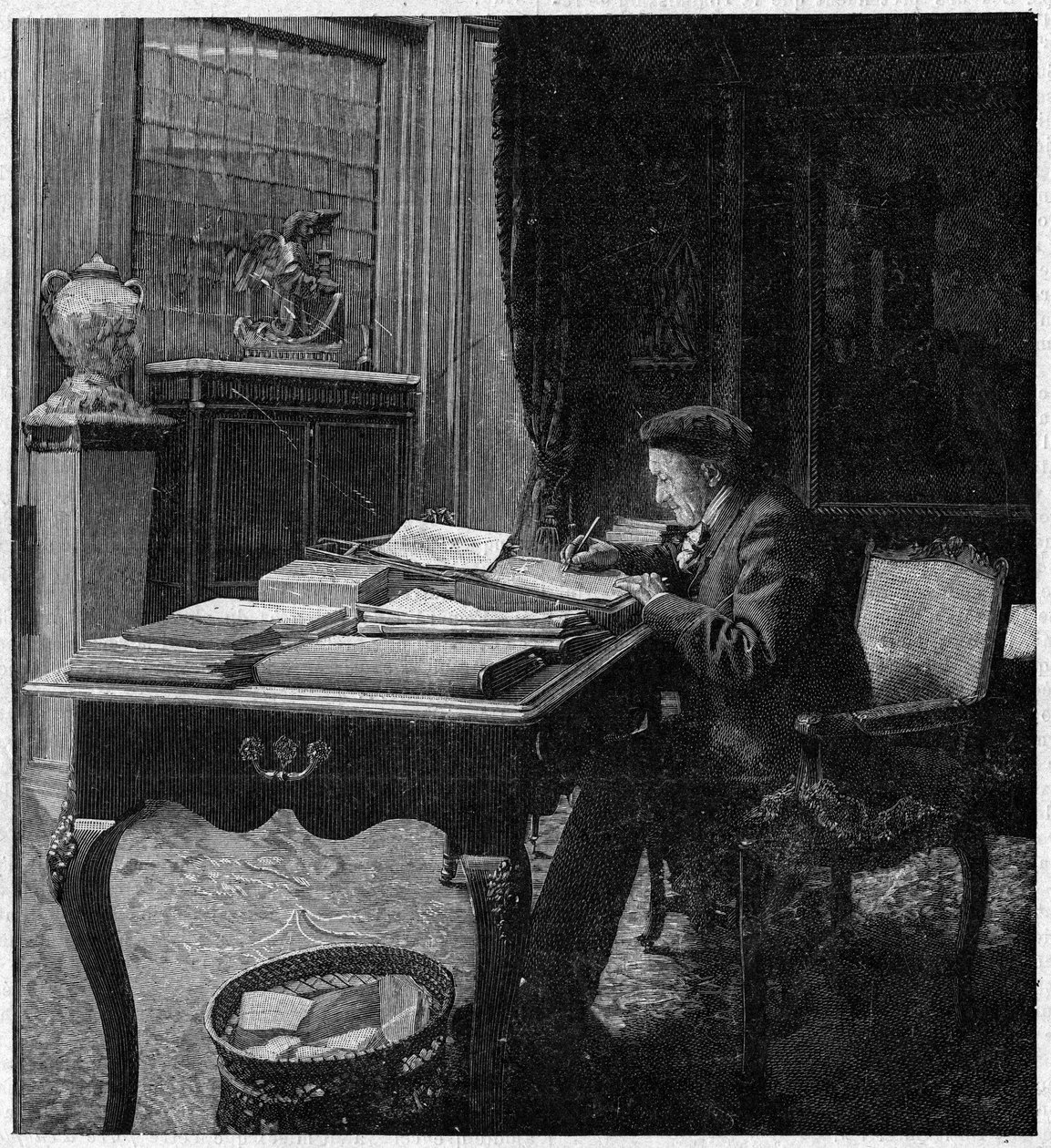 Dramaturg wiktoriański Sardou (1831-1908) w swoim gabinecie. Grawer w „La gazette du dimanche” z 2 stycznia autorstwa French School