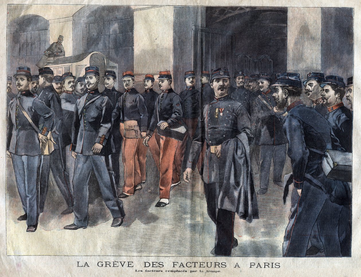 Strajk listonoszy: żołnierzy i strażników miejskich, którym powierzono dystrybucję listów w Paryżu. Grawer z 1899 r. w „La petite Gironde”” autorstwa French School