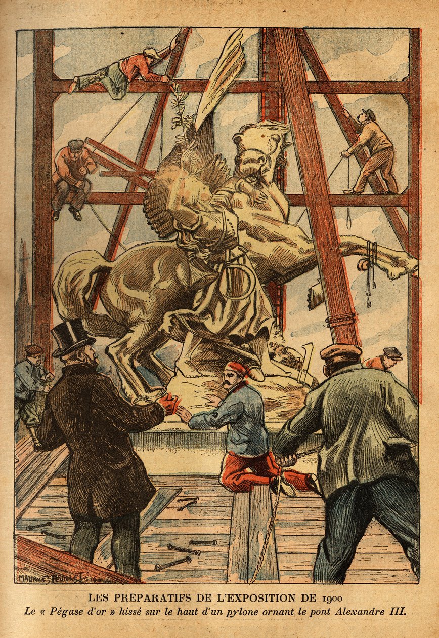 Przygotowania do wystawy w 1900 r., posąg "Pegaza trzymanego za uzdę przez Renommee", wykonany ze złotego brązu, autorstwa rzeźbiarza Emmanuela Fremieta (1824-1910), zawisł na szczycie jednego z czterech pylonów zdobiących most Aleksandra III. Engr autorstwa French School