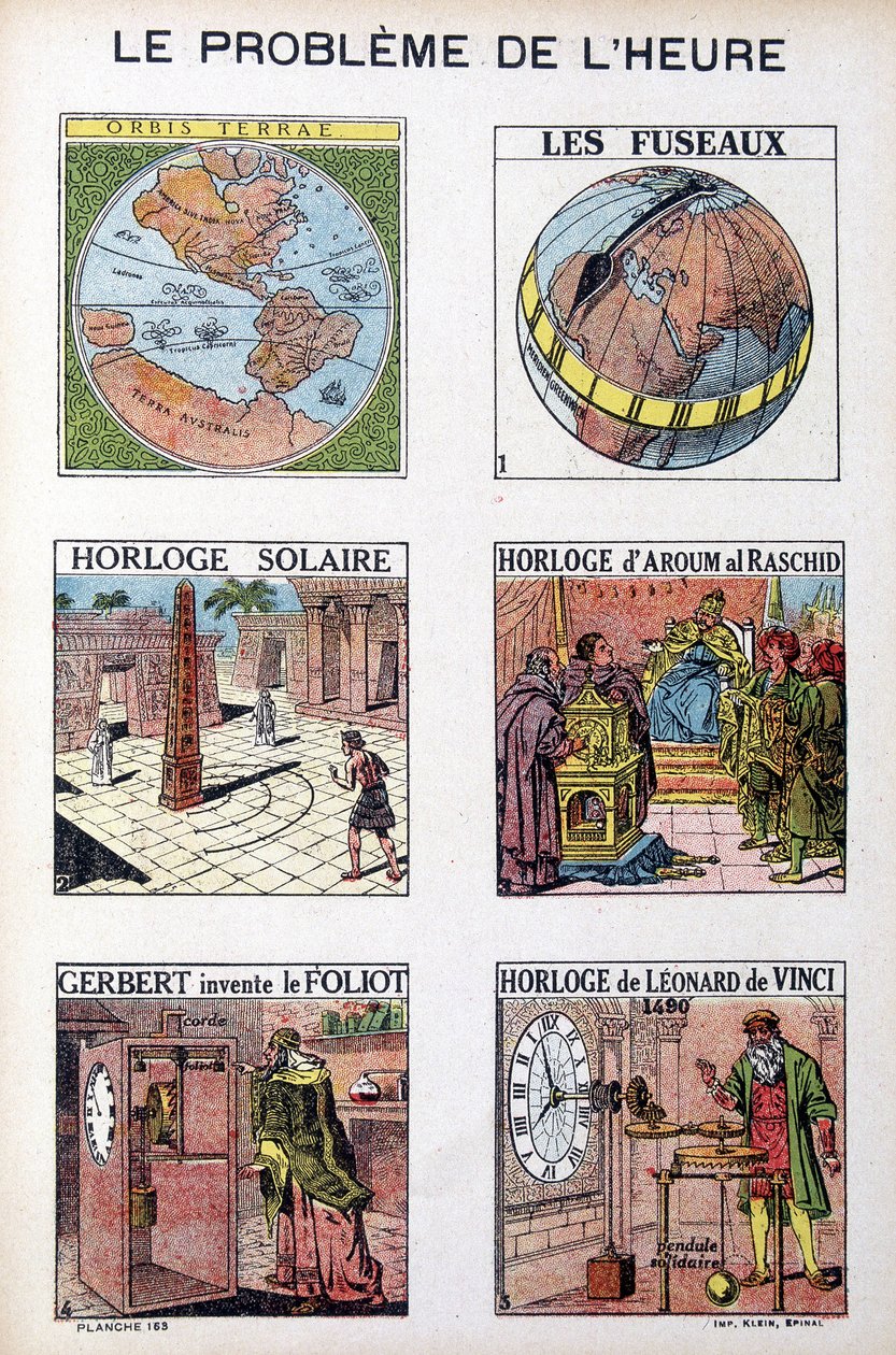 Problem czasu: Orbis Terrea, wrzeciono, zegar słoneczny, zegar Aroum Al Racshid, Gerbert wynajduje Foliot, zegar Leonarda da Vinci (Leonardo da Vinci) - rycina, deb. XX wiek autorstwa French School