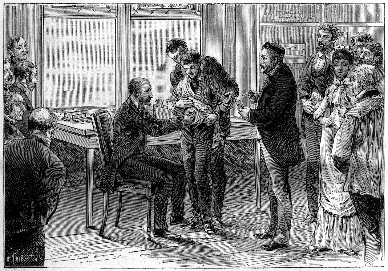 Operacje szczepionek przeciwko wściekliźnie w laboratorium Louisa Pasteura (1822-1895), rys. C.Gilbert d