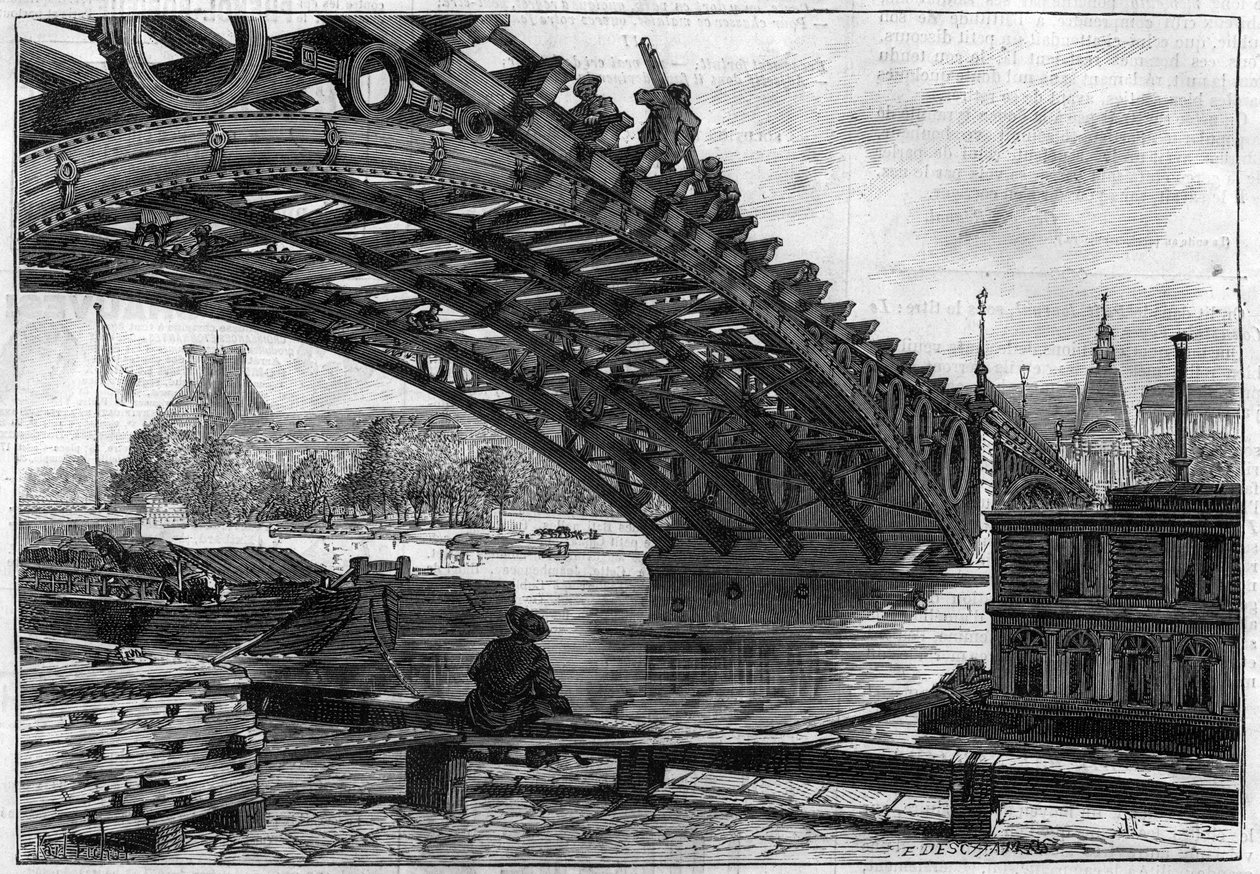 Odbicie pokładu mostu Saints Peres (Pont du Carrousel) w 1883 r. (Saints-Peres) - grawerowanie w „Le journal illustrious”” autorstwa French School