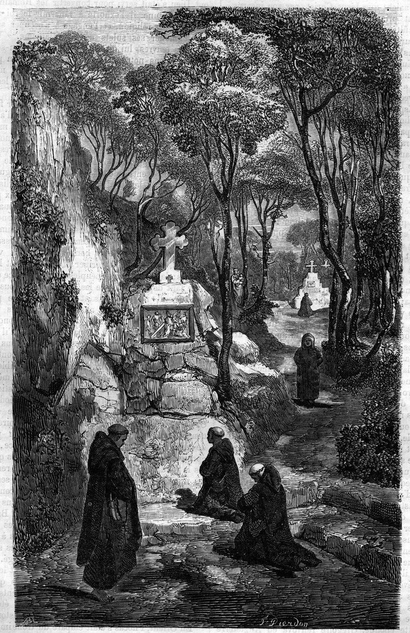 Zakonnicy św. Benoita (św. Benoit) w modlitwie. Grawer w „Historii papieży-królów-królowych i cesarzy na przestrzeni wieków” autorstwa Maurice Lachatre autorstwa French School