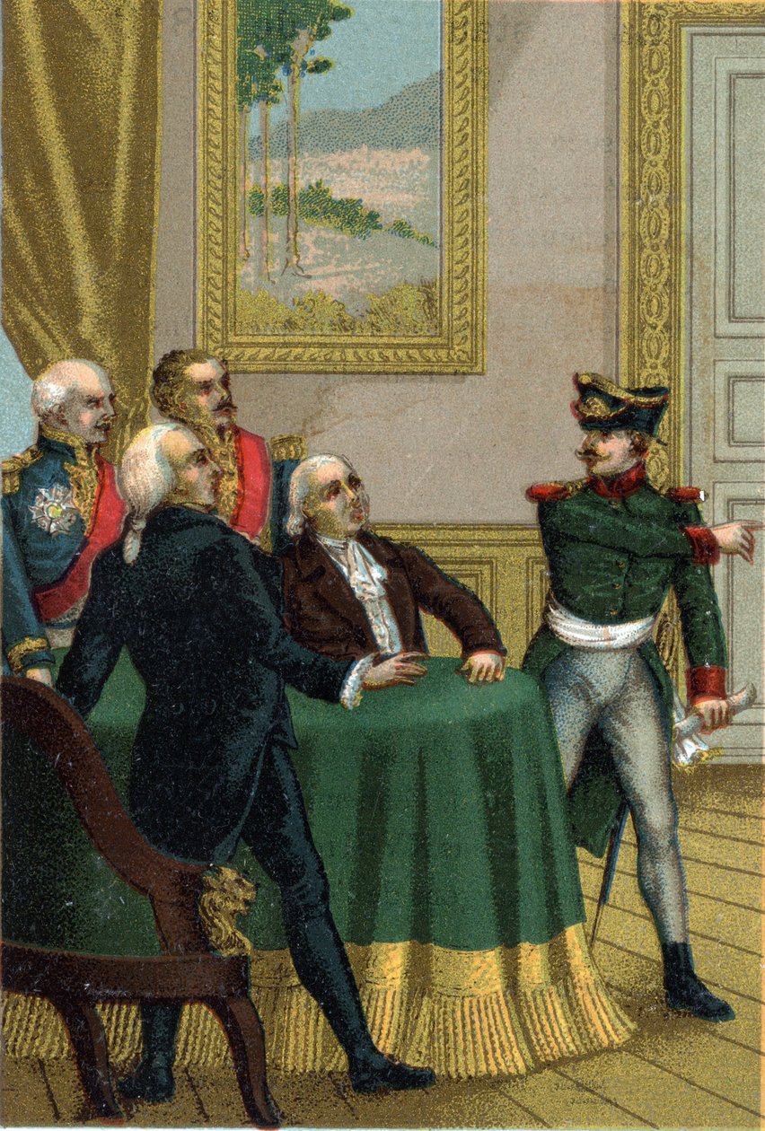 Restauracja z 1815 r.: Joseph Fouche, minister policji Napoleona I, kazał wprowadzić pruskiego oficera do sali, w której 7 lipca 1815 r. Komisja Rządu Tymczasowego pod przewodnictwem króla Ludwika XVIII. autorstwa French School