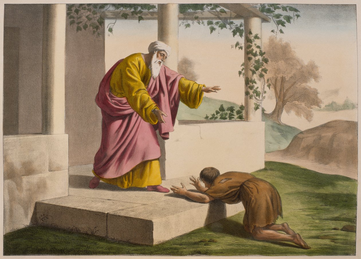 Powrót syna marnotrawnego, ilustracja z katechizmu LHistoire Sainte, wyd. Charles Delagrave, Paryż, k. XIX w. autorstwa French School