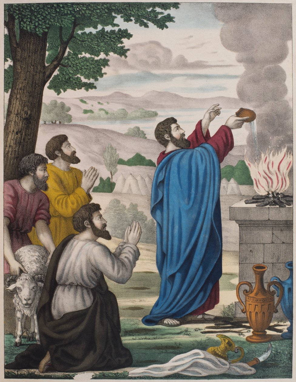 Rywalizujące ofiary Eliasza i kapłanów Baala, ilustracja z katechizmu LHistoire Sainte, wydanego przez Charlesa Delagrave, Paryż, koniec XIX wieku autorstwa French School