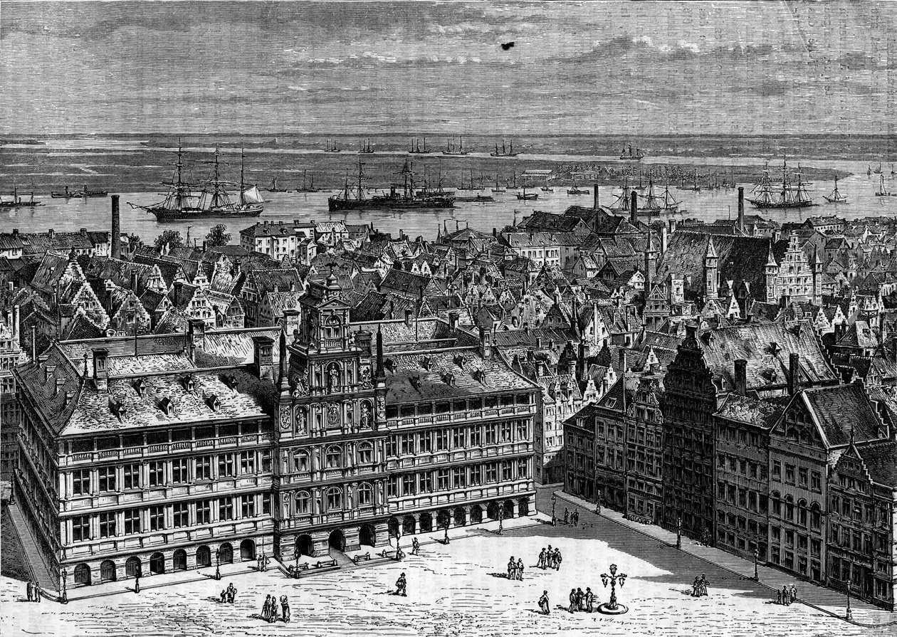 Rzeka Scheldt widziana z portu w Antwerpii w Belgii. Grawerowanie w „Le Journal de la jeunesse”” autorstwa French School