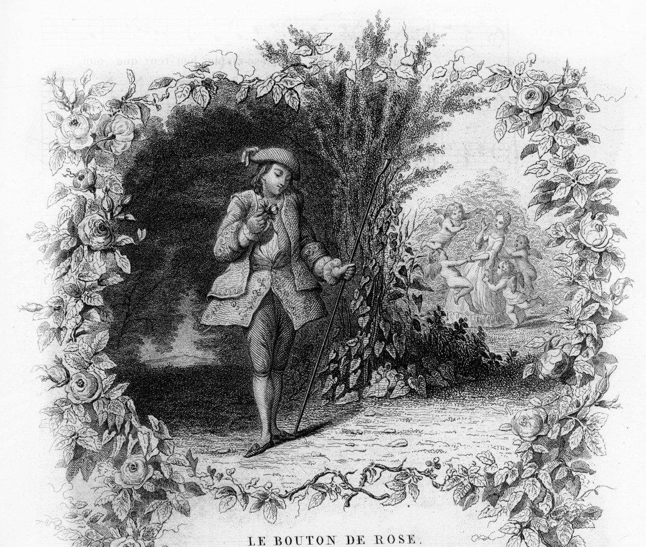 Różany guzik. Samotny i romantyczny młodzieniec w ogrodzie, na dnie którego amorek otacza młodą kobietę. Grawer w „”Chants et chansons populaire de la France””, Tom 2 autorstwa French School