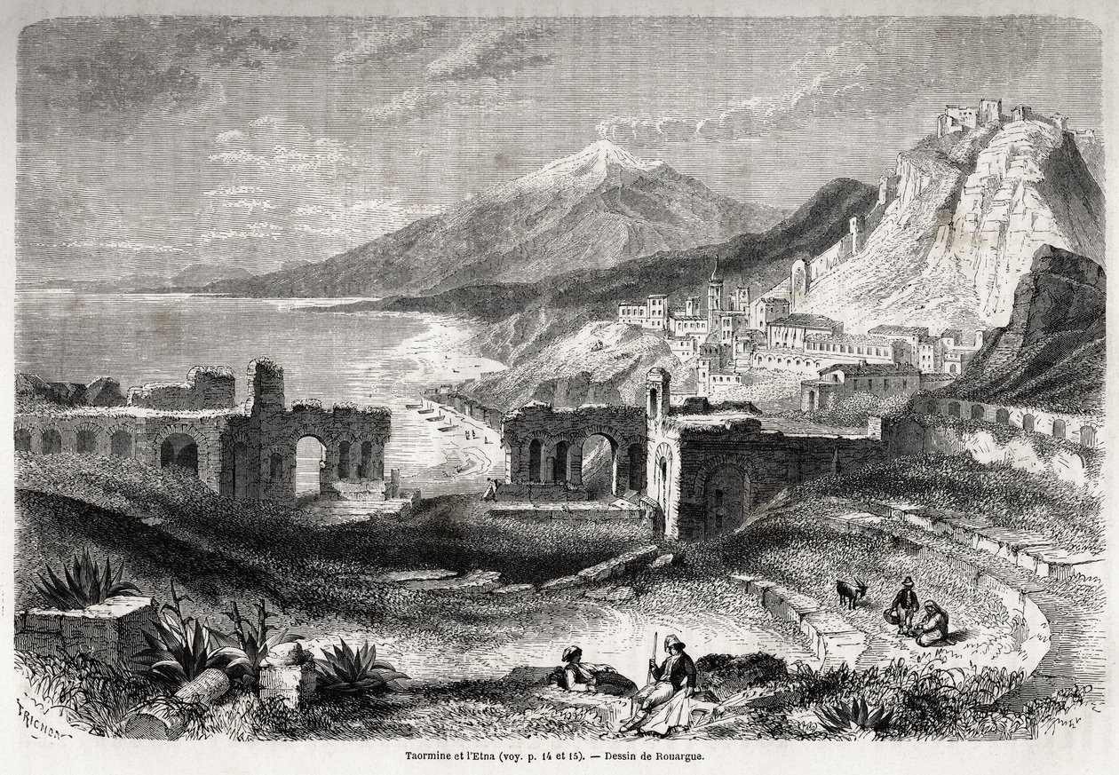 Ruiny starożytnego teatru Taorminy (Tauromenium), u podnóża góry Taurus, z widokiem na współczesną wioskę Giardini i Etnę, rysunek Adolphe Rouargue (1810-187?) i Emile Rouargue (ca1795-1865) ilustrujący Feliksa Podróż Bourquelot autorstwa French School