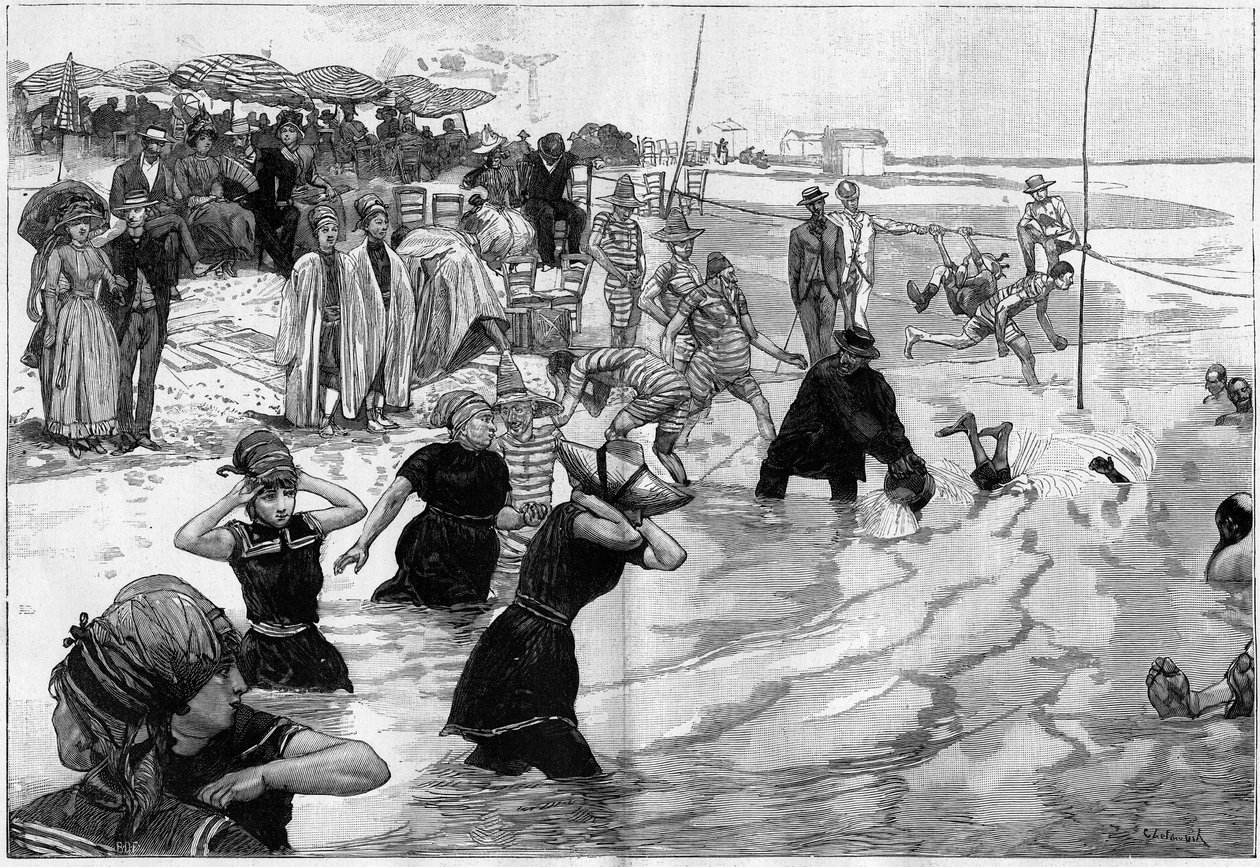 Kąpiele morskie w czasie klaczy na plaży w Normandii we Francji, w „”Le Monde Illustré”” autorstwa French School