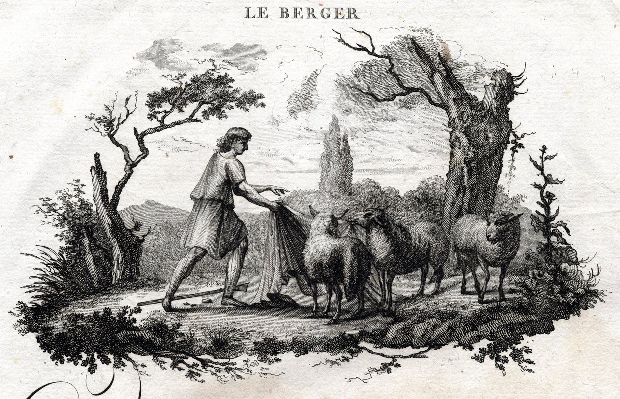 Pasterz. Bajka o Esope. (Grecki pisarz Esopo lub Ecopus, VI wpne) Napisane przez Guillaume Montfort i Gravees przez Beauble w 1801 roku. autorstwa French School