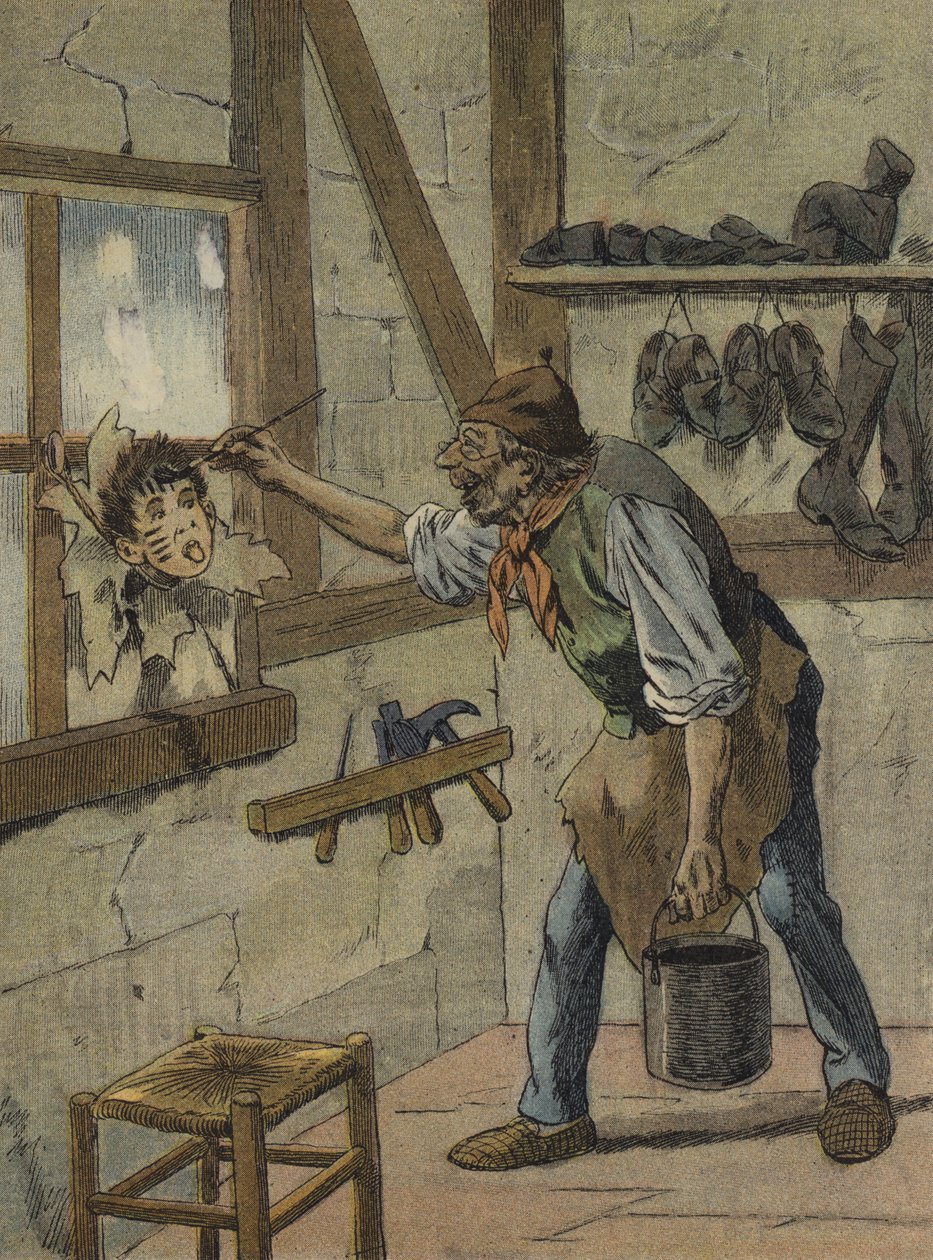 Szewc zaznaczył godziny na figurce małego Jeannota (kolorowa litografia) autorstwa French School