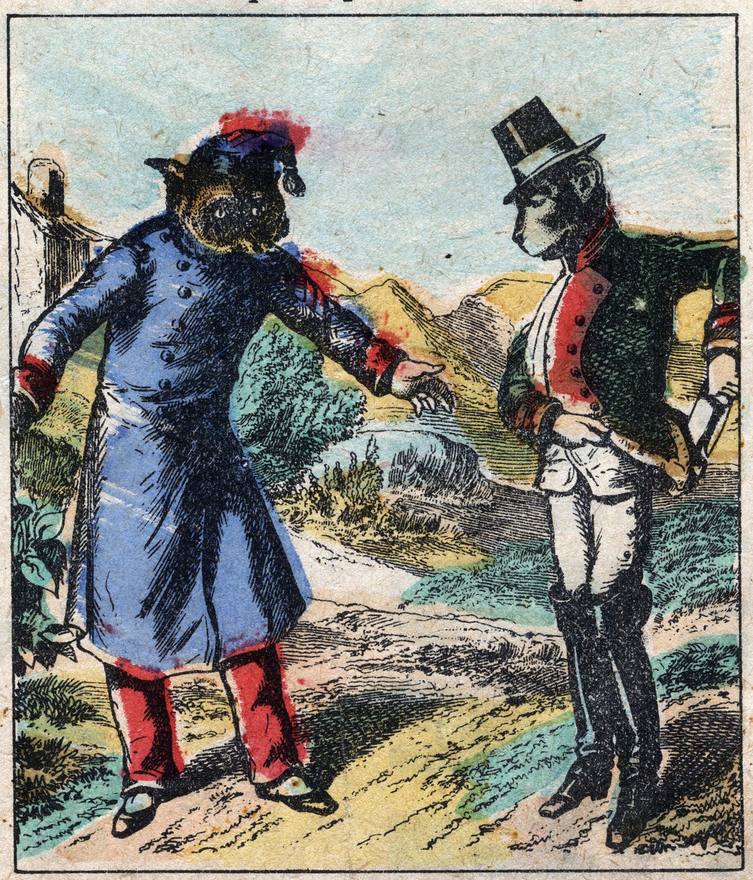 Chory lew i lis. Bajki Jean de La Fontaine (1621-95). Obrazowanie epinal z końca XIX wieku. autorstwa French School