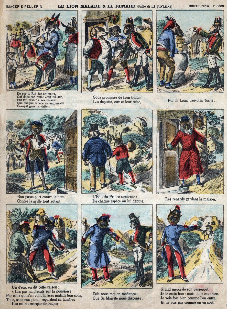 Chory lew i lis. Bajki Jean de La Fontaine (1621-95). Obrazowanie epinal z końca XIX wieku. autorstwa French School