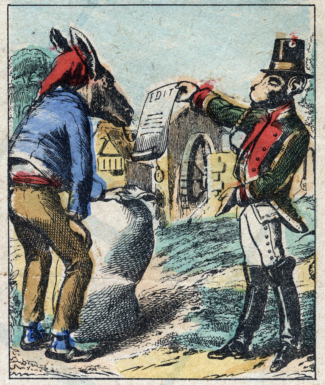Chory lew i lis. Bajki Jean de La Fontaine (1621-95). Obrazowanie epinal z końca XIX wieku. autorstwa French School