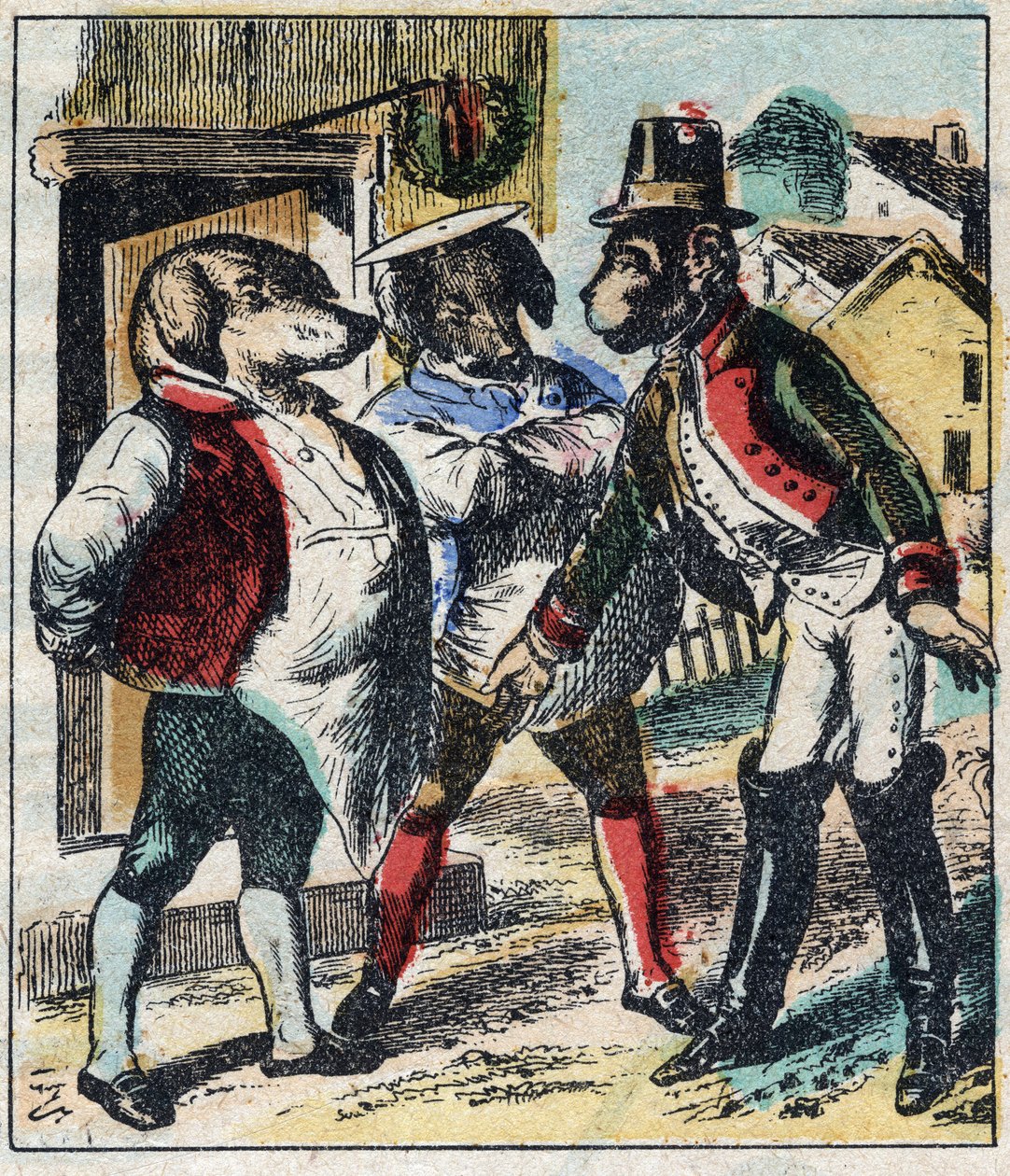 Chory lew i lis. Bajki Jean de La Fontaine (1621-95). Obrazowanie epinal z końca XIX wieku. autorstwa French School