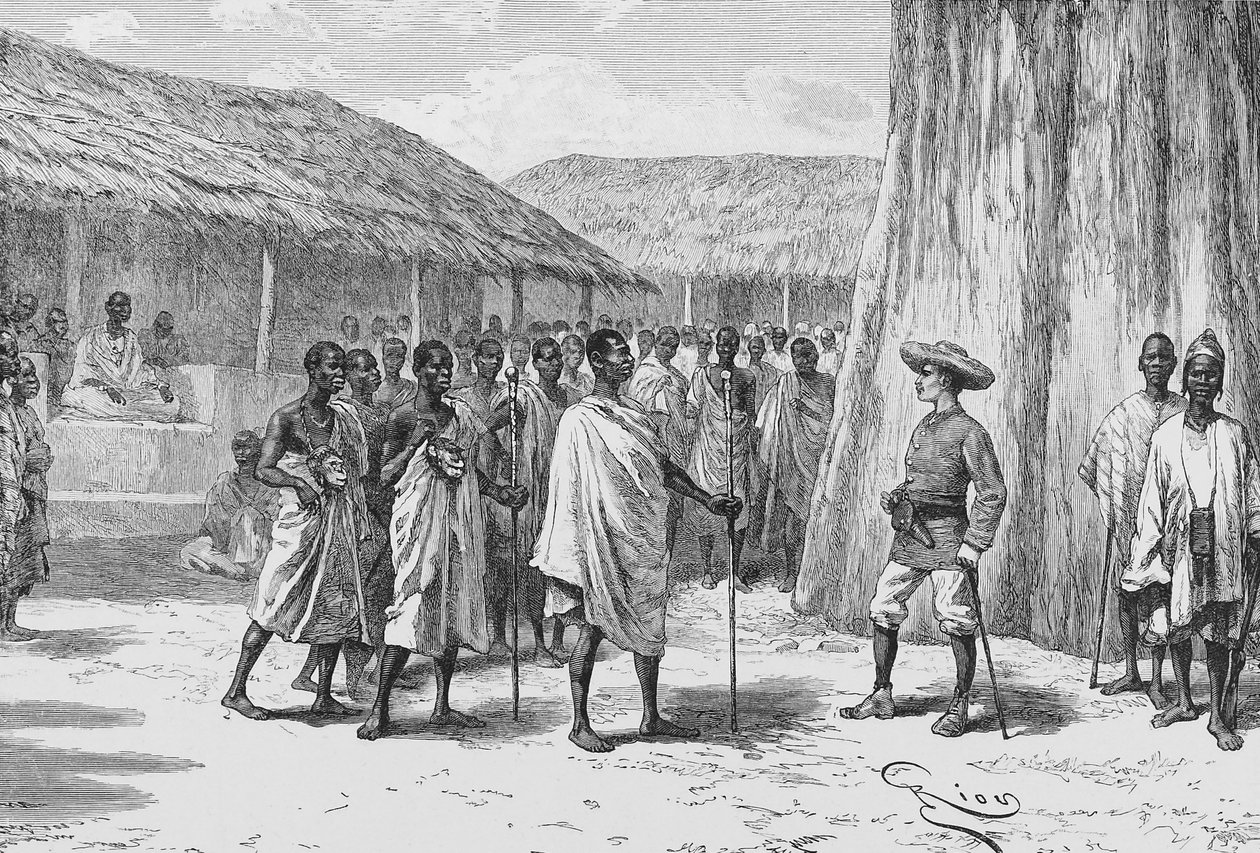 Podpisanie traktatu w Aouabou, ilustracja z „Du Niger au Golfe de Guinee...”, Louis Gustave Binger autorstwa French School