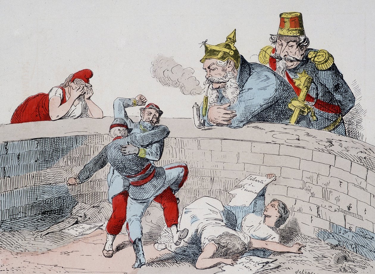 Sytuacja - Gauillaume: Musimy pomóc szalonym ludziom, Badingue (Napoleon III): Niech zrobią to mój bracie, nadejdzie czas na interwencję, kiedy oni (Paryżanie) pożrą samych siebie. Karykatura o Gminie. autorstwa French School