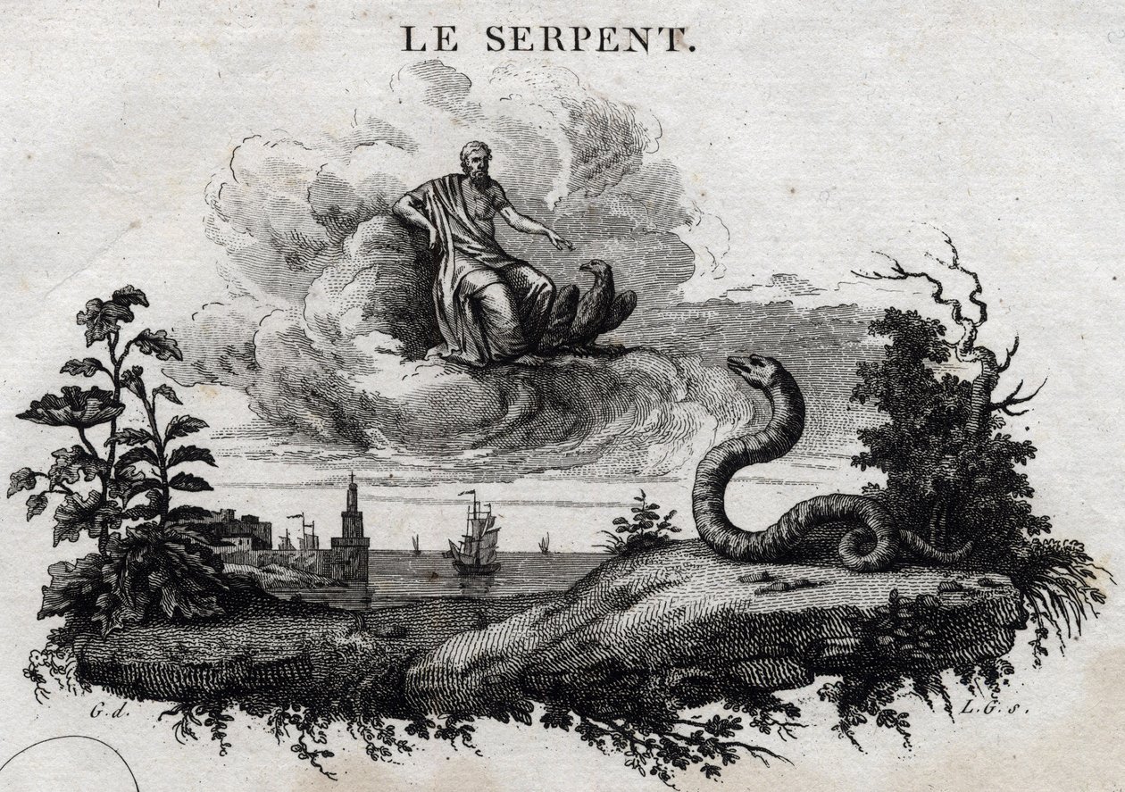 Wąż. Bajka o Esope. (Grecki pisarz Esopo lub Ecopus, VI wpne) Napisane przez Guillaume Montfort i Gravees przez Beauble w 1801 roku. autorstwa French School