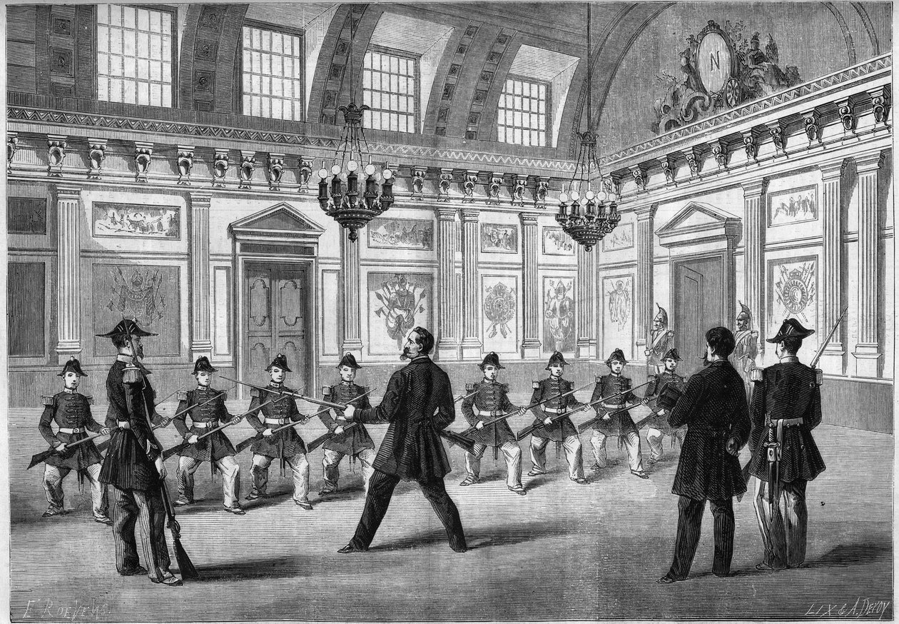 Syn Napoleona III, książę Imperial (1856-1879), ćwiczący broń z podopiecznymi gwardii, przed swoim ojcem cesarzem Napoleonem III (1808-1873), w wartowni zamku Compiegne. Grawerowanie w „”Le Monde Illustré””n°349 z 19 grudnia autorstwa French School