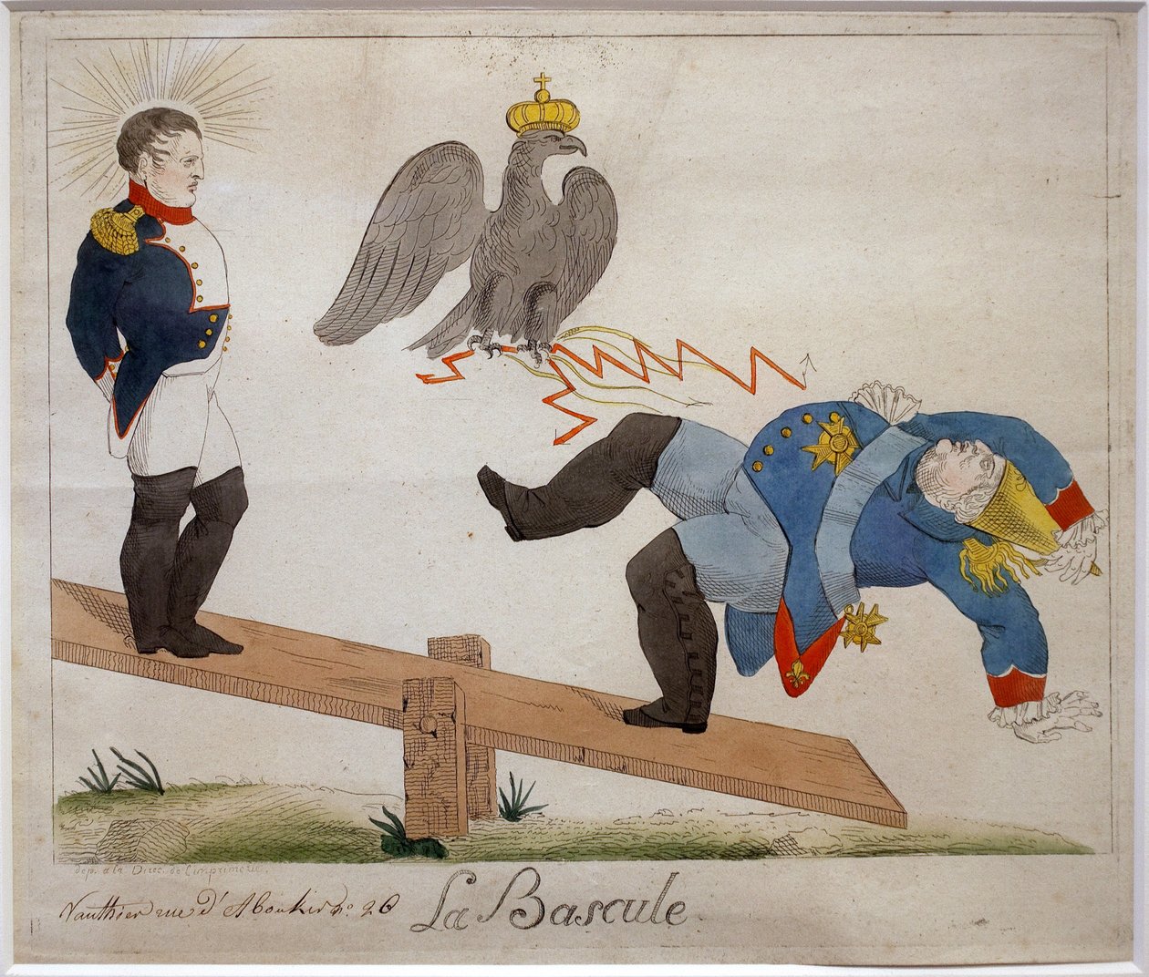 Przełącznik. Portret Napoleona Bonaparte (1769-1821) stojącego na bujanej desce, obserwującego upadek wroga, przestrzelony orlą koroną. Kreskówka. Eau forte, początek XIX wieku, Francja. Muzeum Napoleońskie, Antibes. autorstwa French School