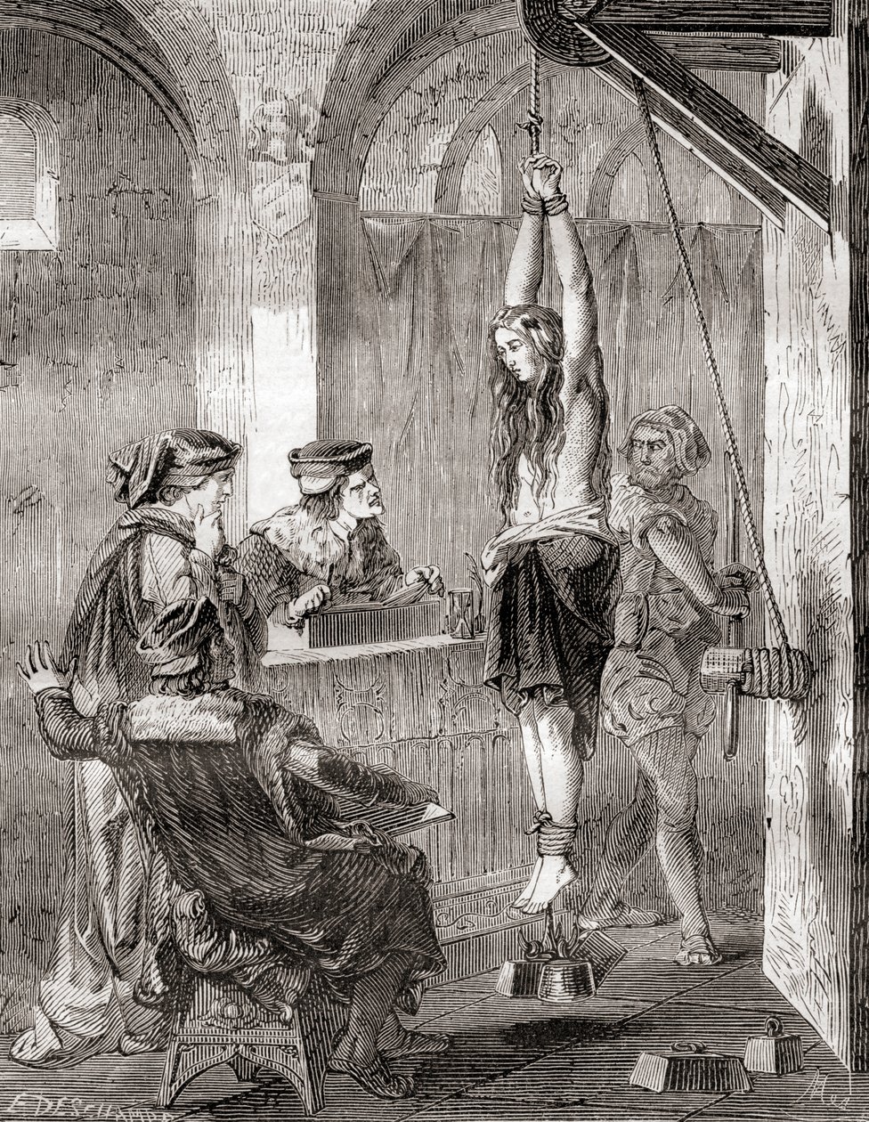 Torturowanie kobiety oskarżonej o czary w średniowieczu, z Les Merveilles de la Science, opublikowanej ok. 1870 (lito) autorstwa French School