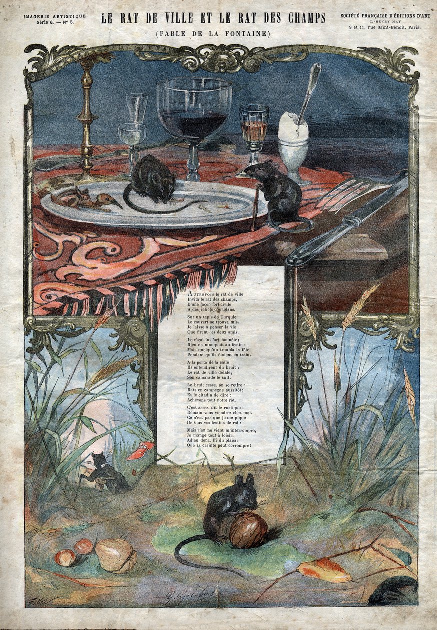 Szczur miejski i szczur polny. Bajki Jeana de La Fontaine (1621-95).Ilustracja z końca XIX wieku. autorstwa French School