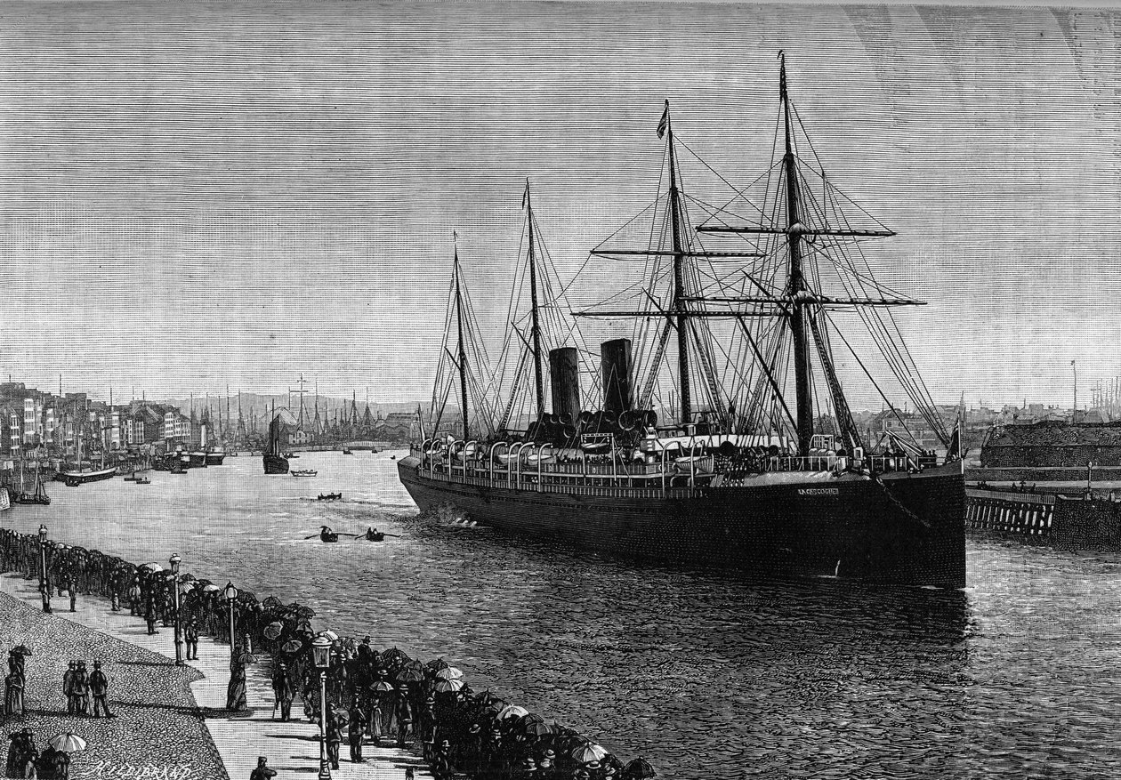 Transatlantyk „La Gascogne” w porcie Le Havre w 1887 r. Grawerowanie w znakomitym czasopiśmie „La jeunesse” autorstwa French School