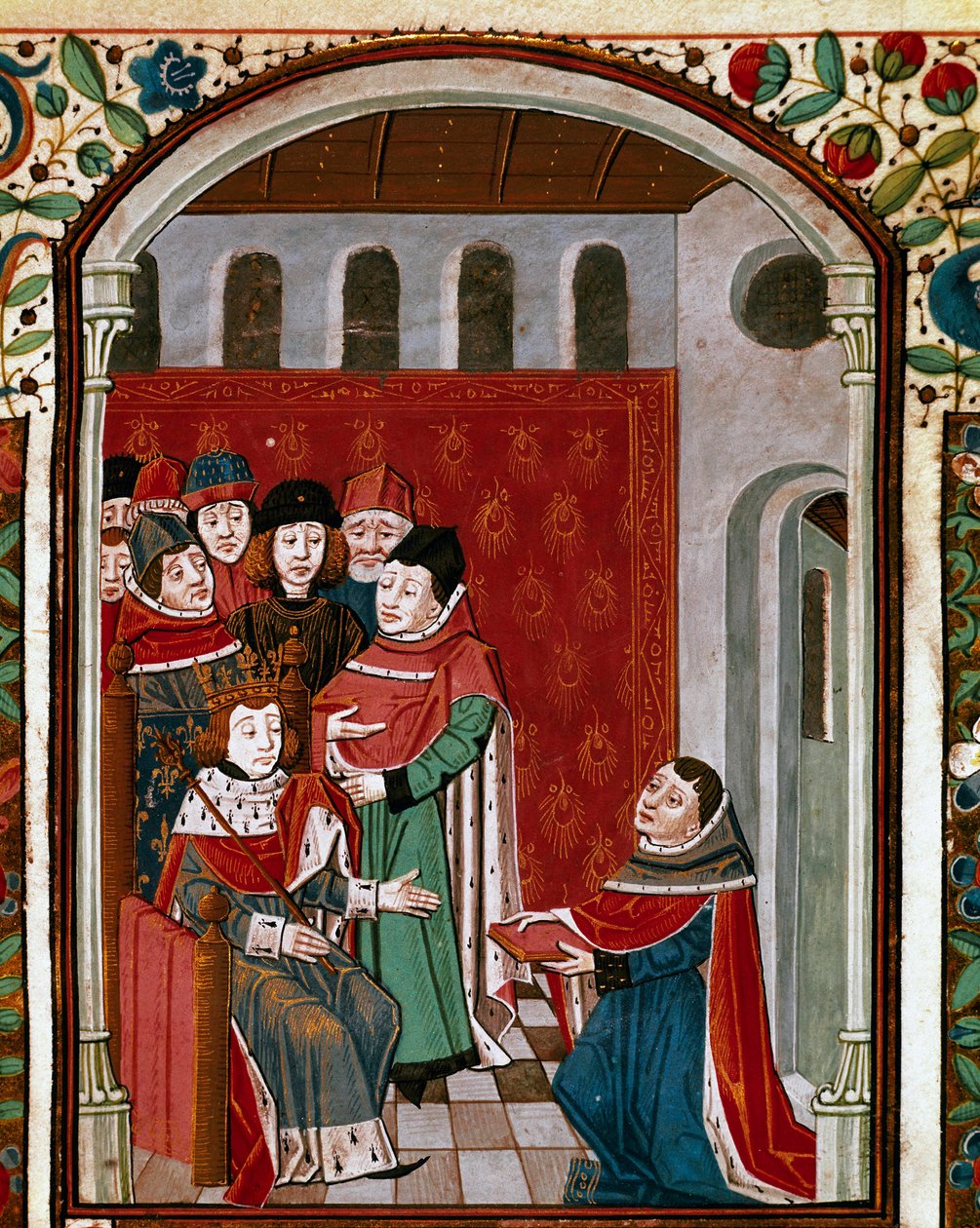 Tłumacz Jan de Meung (lub Clopinel lub Chopinel) (1240-1305) przekazuje swoje dzieło królowi Filipowi IV Pięknemu (1268-1314). Miniatura zaczerpnięta z „”De Consolatione Philosophiae”” przez łacińskiego filozofa Boece (Boetius) (475-520), przekład Jean d autorstwa French School
