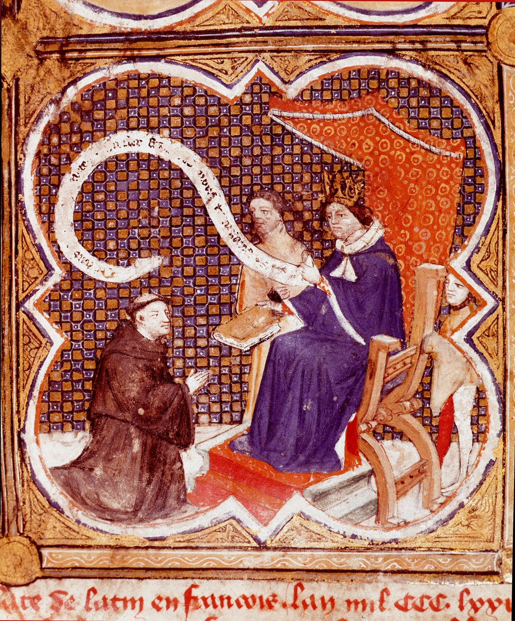 Tłumacz ofiarowuje swoją książkę królowi Karolowi V (1338-1380) Miniatura zaczerpnięta z „Le livre des proprietes des chooses” (De proprietatibus rerum) Barthelemy