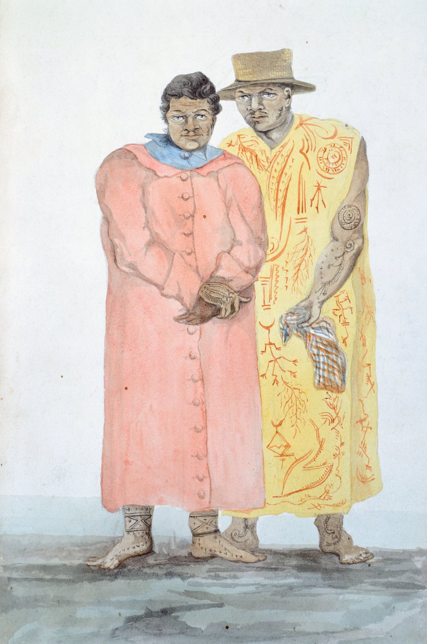 Dwaj królowie Bora Bora, ilustracja z podróży Ludwika I Duperrey, LF Lejeune, akwarela autorstwa French School