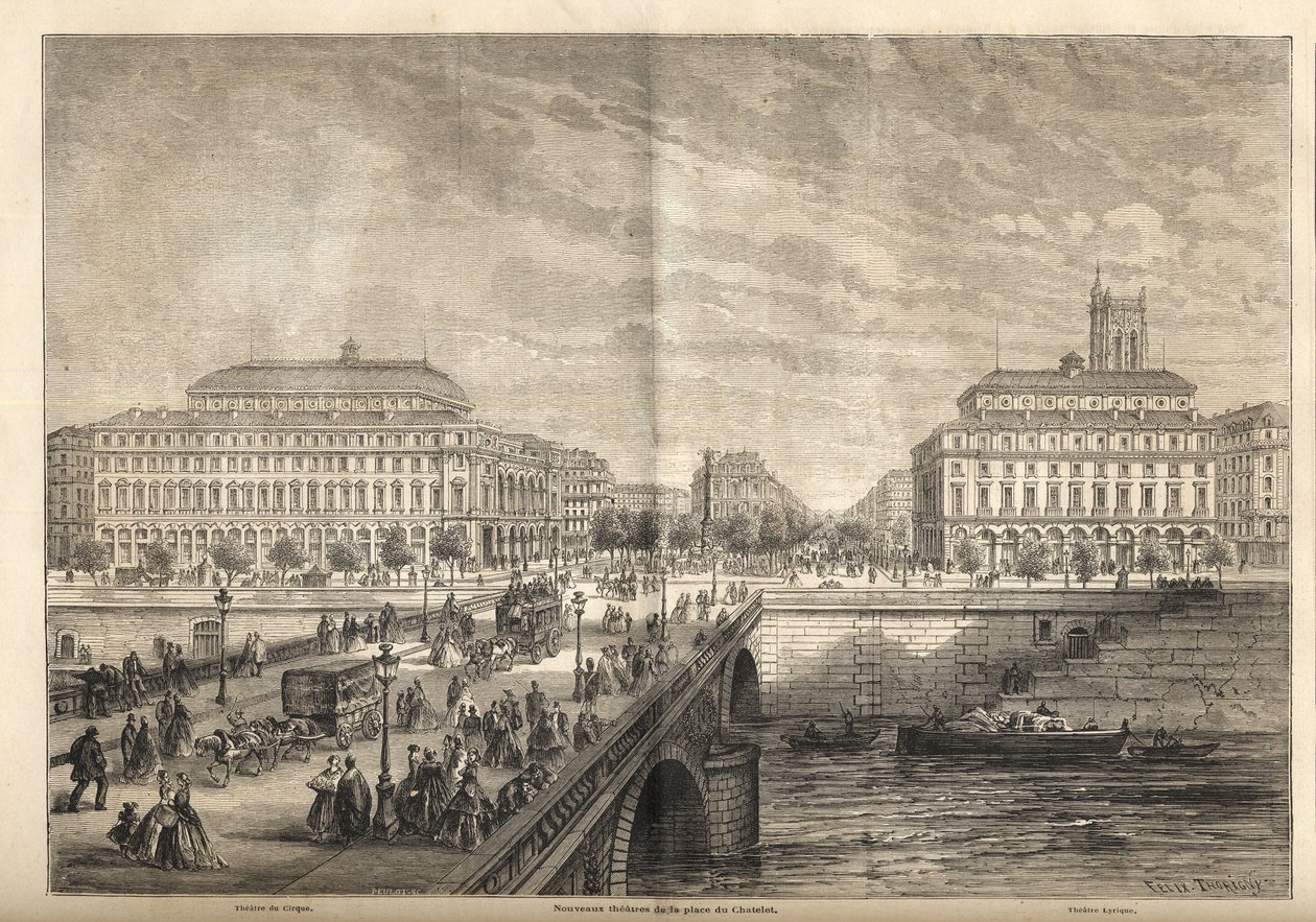 Dwa nowe teatry Place du Chatelet w Paryżu w 1862 r. – Grawerowanie z „Le monde illustrious”” 1862 autorstwa French School